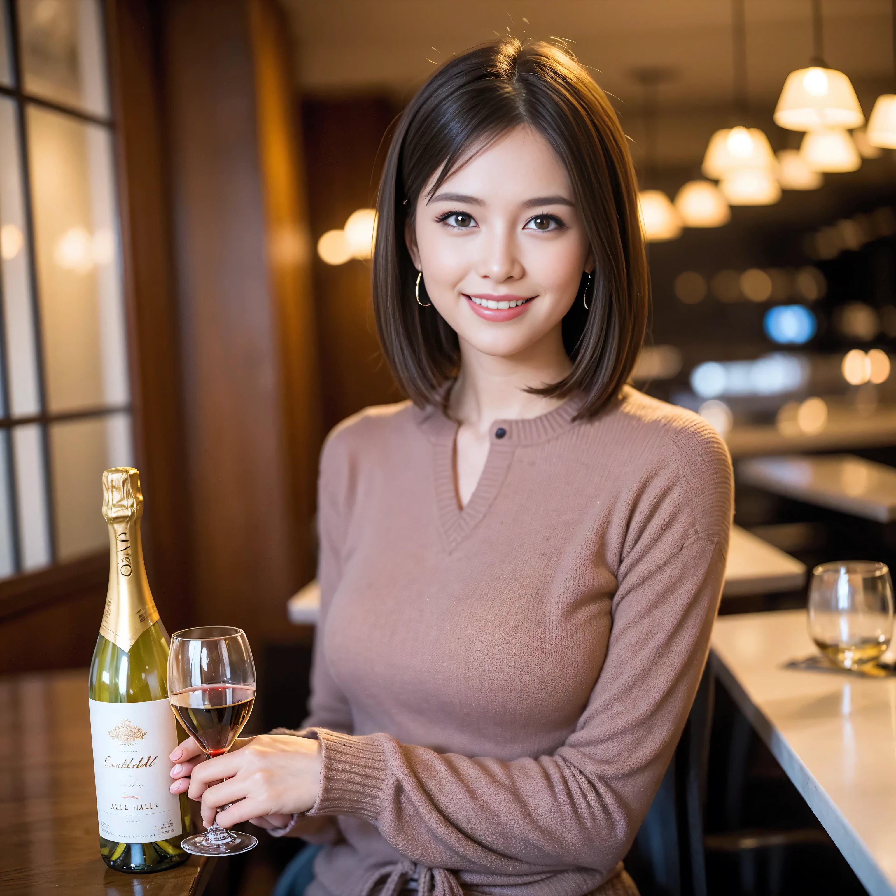 ((highest quality、8k、masterpiece:1.3))、1 male、1 female、Couple、Spouse、Couple、The body is slim、((Bob Hale、Straight hair:1.2)), (Realistic, Intricate details:1.2), Wine glass on the table、Shine light on your face、 Amazing view of the sunset sky and clouds、Amazing mountain views、A bright smile、The wonderfulness of smile、Bright image、The beauty of wine, Beautiful Face, blue eyes, The light shines on your face, Blushing, short hair,Bright Face、 (Age 37), 39 years old, red wine 、Appetizers、Italian food、Wine bottle、Champagne、sparkling wine、Two beauties、Brown Hair、Shortcuts、Long sleeve shirt、dress、Pretty Woman 1, (Slim face), (The body is slim), (Brown Hair), (Shortcuts), cheeks turn a little red,Attractive beauty、restaurant, In a prominent place (From the waist up) Nova Frog Style, actress, model, Upper Body, White wine, slim, wine glass, A wine glass placed in the center, smile, (smile: 1.15), Beautiful fine grain, Depth f/2,saturation, High Contrast, Strong light and shadow,Moist Body:1.5、3D texture、Delicate eyes、Brown Hair、The hair is very shiny、