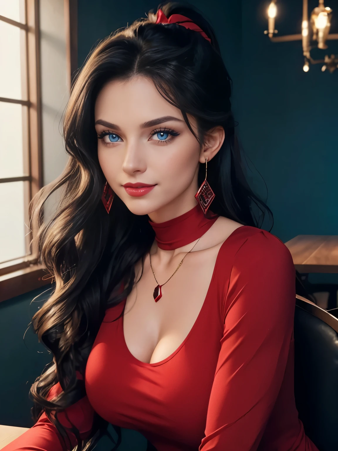 Caucasian woman, ((black hair)), wavy hair, long hair, hair in a ponytail, blue eyes, lined eyes, shiny eyes, highlights blue eyes, red lipstick, makeup, smile; athletic body, (medium breasts), nipples; (((red top))), ((Top with long sleeves)), plunging neckline; earrings, necklace, bracelets; in elegant restaurant, sitting, front view.