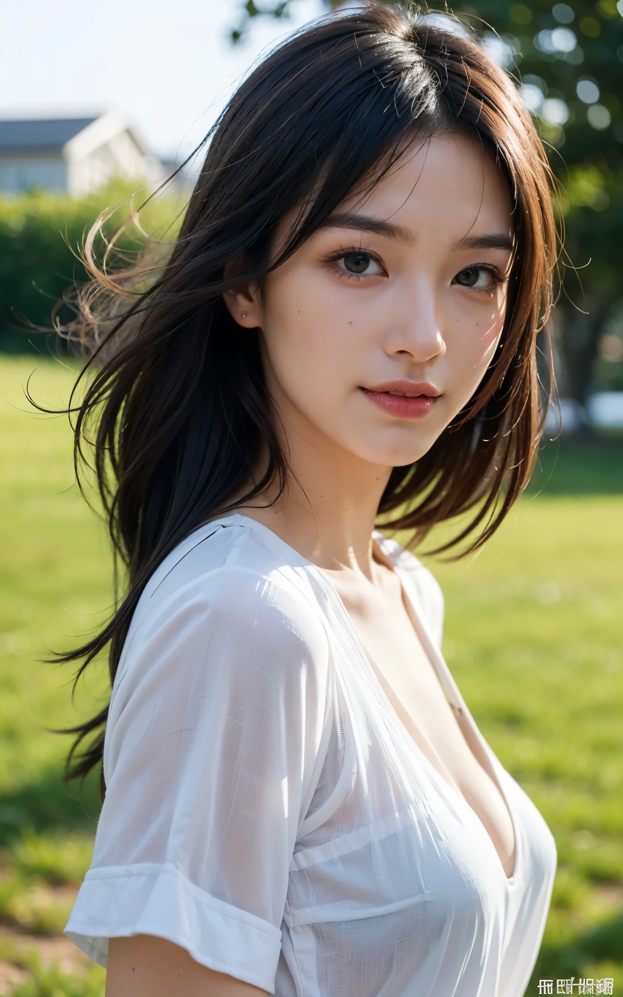 upper body、look away、a Japanese pretty girl, Gentle face、hyper cute face、shiny lips、Double eyelids in both eyes、Natural makeup, smile, long eyelashes light, Medium Hair, Smooth Light Brown Hair、Hair swaying in the wind, bangs、image in center、8K、high detailing、detailed hairstyle、A detailed face、spectacular movie lighting、octane renderings、with a vibrant、Ultra-realistic、Perfect limbs、perfect anatomia, Beautiful proportions, blouse,