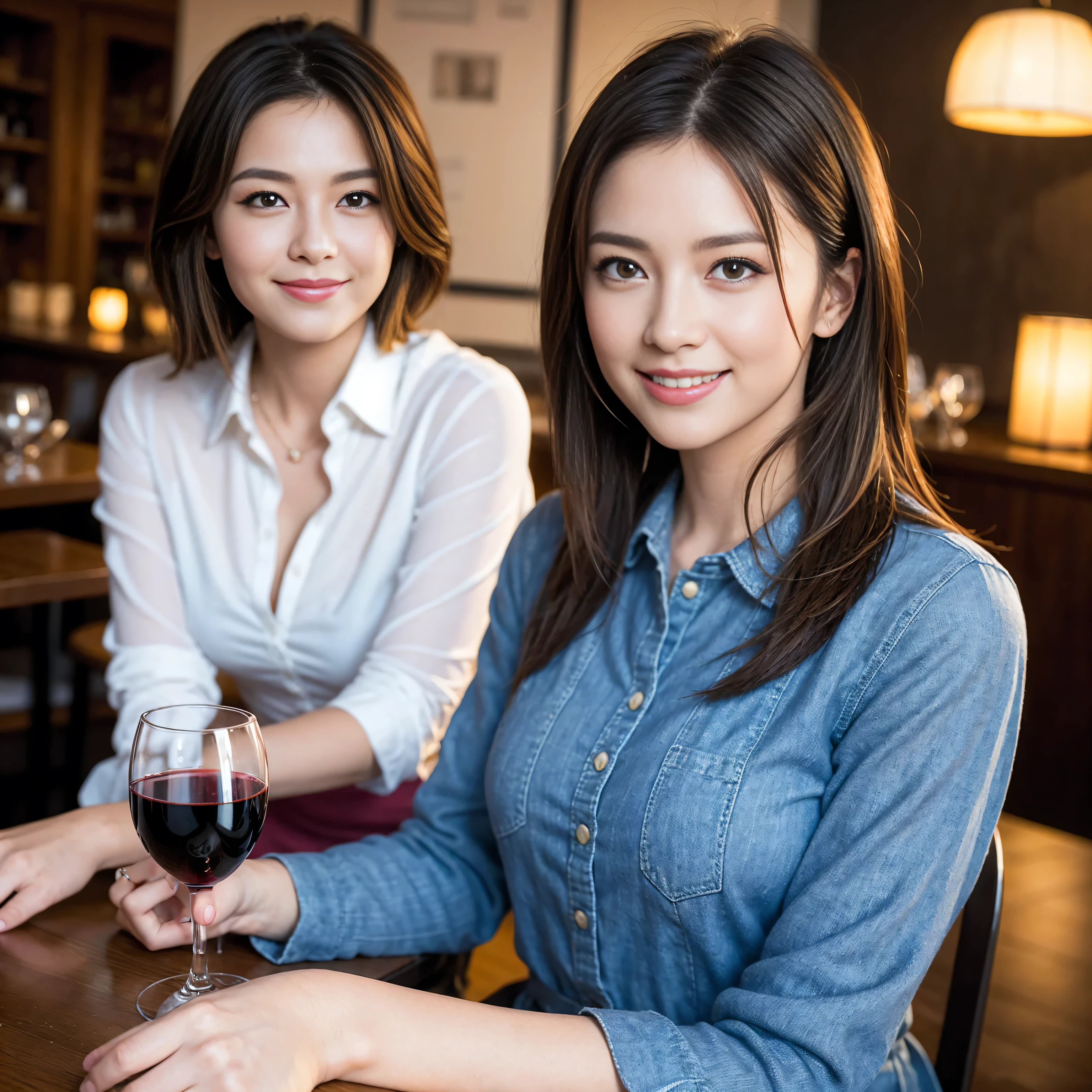((highest quality、8k、masterpiece:1.3))、1 male、1 female、Couple、Spouse、Couple、The body is slim、((Bob Hale、Straight hair:1.2)), (Realistic, Intricate details:1.2), Wine glass on the table、Shine light on your face、 Amazing view of the sunset sky and clouds、Amazing mountain views、A bright smile、The wonderfulness of smile、Bright image、The beauty of wine, Beautiful Face, blue eyes, The light shines on your face, Blushing, short hair,Bright Face、 (Age 37), 39 years old, red wine 、Appetizers、Italian food、Wine bottle、Champagne、sparkling wine、Two beauties、Brown Hair、Shortcuts、Long sleeve shirt、dress、Pretty Woman 1, (Slim face), (The body is slim), (Brown Hair), (Shortcuts), cheeks turn a little red,Attractive beauty、restaurant, In a prominent place (From the waist up) Nova Frog Style, actress, model, Upper Body, White wine, slim, wine glass, A wine glass placed in the center, smile, (smile: 1.15), Beautiful fine grain, Depth f/2,saturation, High Contrast, Strong light and shadow,Moist Body:1.5、3D texture、Delicate eyes、Brown Hair、The hair is very shiny、