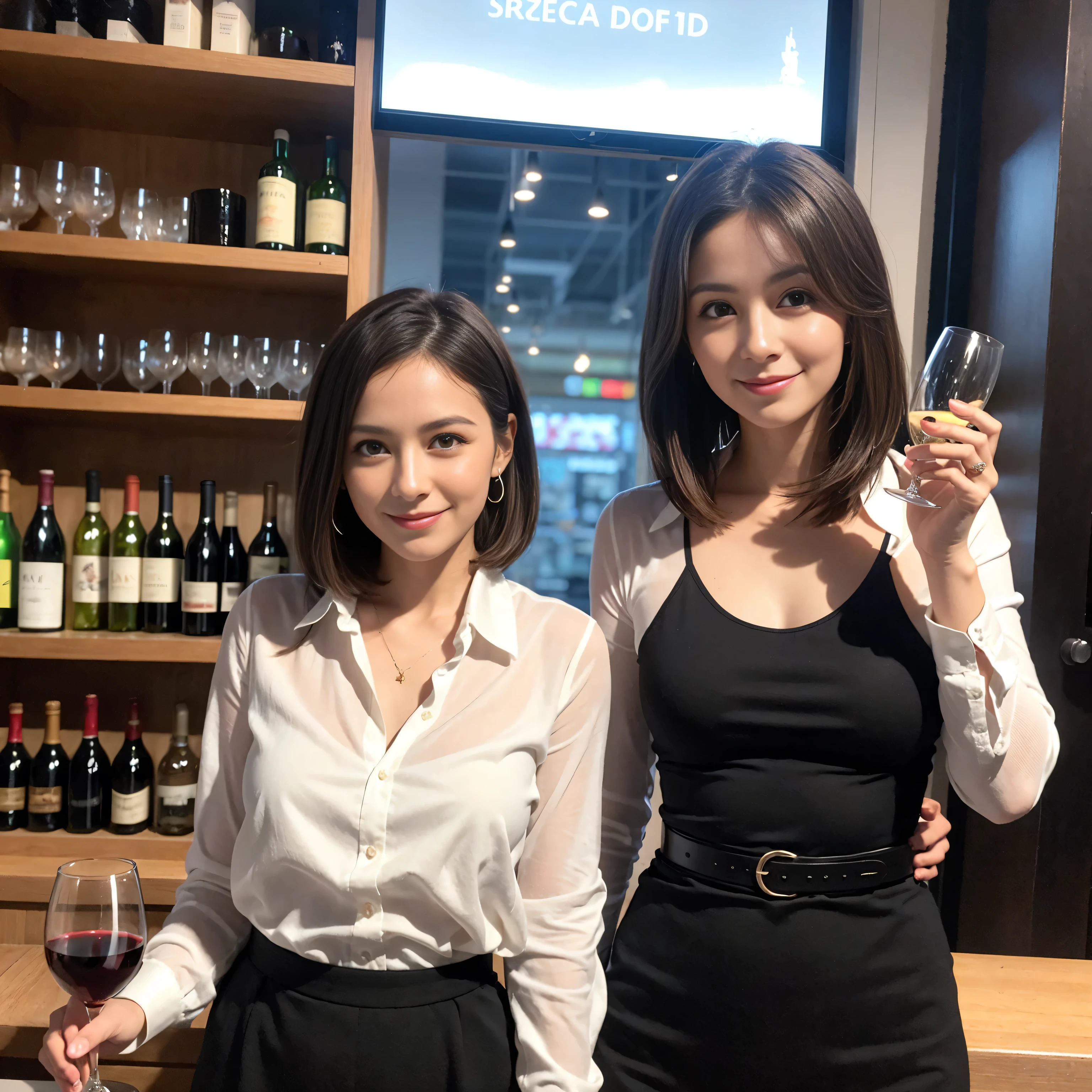 ((highest quality、8k、masterpiece:1.3))、1 male、1 female、Couple、Spouse、Couple、The body is slim、((Bob Hale、Straight hair:1.2)), (Realistic, Intricate details:1.2), Wine glass on the table、Shine light on your face、 Amazing view of the sunset sky and clouds、Amazing mountain views、A bright smile、The wonderfulness of smile、Bright image、The beauty of wine, Beautiful Face, blue eyes, The light shines on your face, Blushing, short hair,Bright Face、 (Age 37), 39 years old, red wine 、Appetizers、Italian food、Wine bottle、Champagne、sparkling wine、Two beauties、Brown Hair、Shortcuts、Long sleeve shirt、dress、Pretty Woman 1, (Slim face), (The body is slim), (Brown Hair), (Shortcuts), cheeks turn a little red,Attractive beauty、restaurant, In a prominent place (From the waist up) Nova Frog Style, actress, model, Upper Body, White wine, slim, wine glass, A wine glass placed in the center, smile, (smile: 1.15), Beautiful fine grain, Depth f/2,saturation, High Contrast, Strong light and shadow,Moist Body:1.5、3D texture、Delicate eyes、Brown Hair、The hair is very shiny、