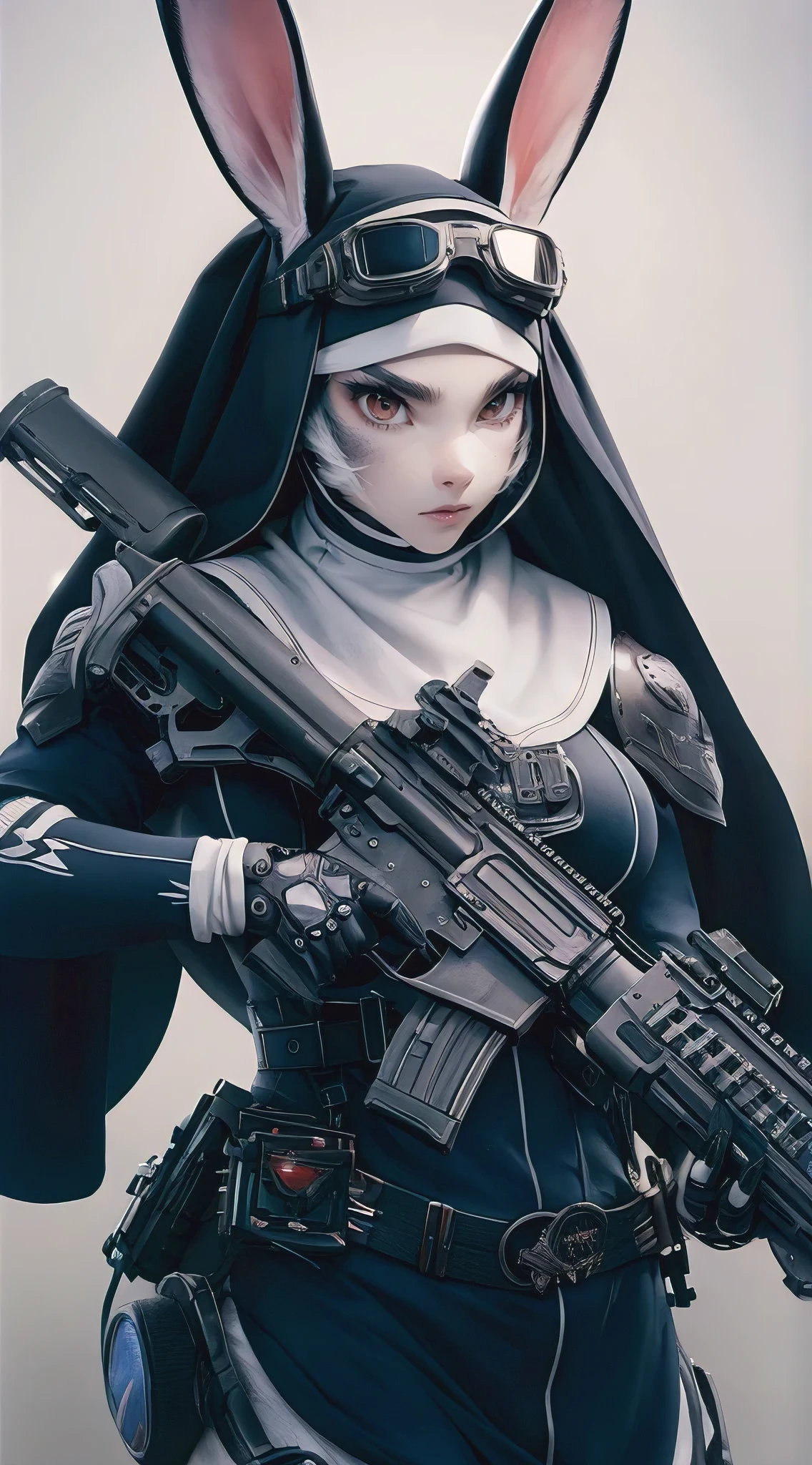 An awe-inspiring, photorealistic illustration of a stunningly beautiful yet deadly humanoid bunny warrior nun. She wears a sleek, high-tech combat armor adorned with intricate details and carries a menacing assault rifle. A pair of goggles rest on her head, ready to be worn for intense combat. The overall atmosphere of the image is a perfect blend of anime and futuristic warfare, with a touch of surrealism, as the bunny-human hybrid defies conventional expectations., illustration, anime