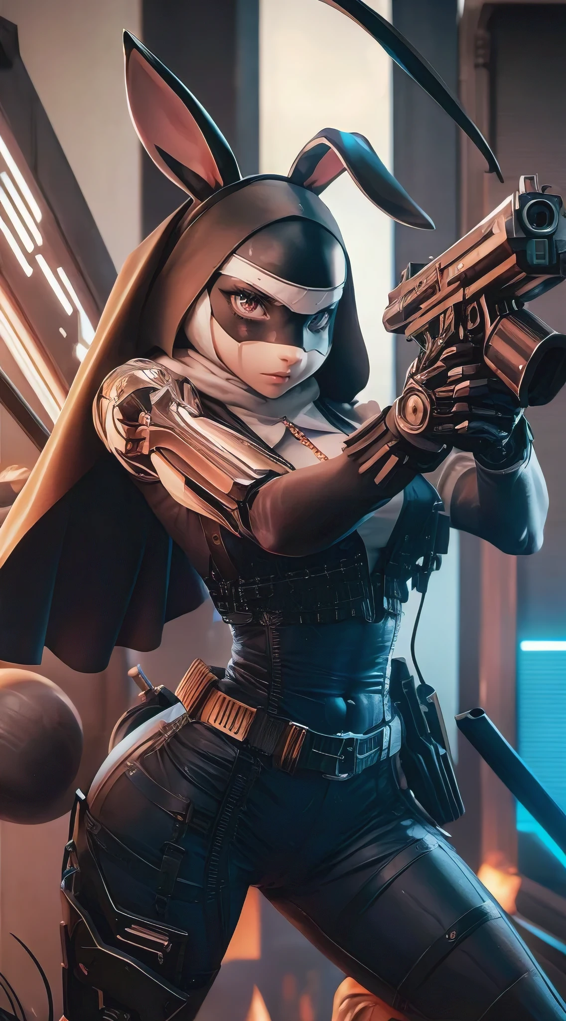 A captivating, photorealistic illustration of a stylish humanoid bunny warrior nun. Her left arm has been replaced with a sleek, metallic cybernetic enhancement, and she is wielding a sub-machine gun with precision. She is dressed in intricate combat armor, complete with a stylish, masked helmet that reveals her beautiful, deadly eyes. The background consists of a futuristic cityscape, with neon lights and a sense of rising tension. This powerful figure embodies both elegance and lethality., anime, illustration