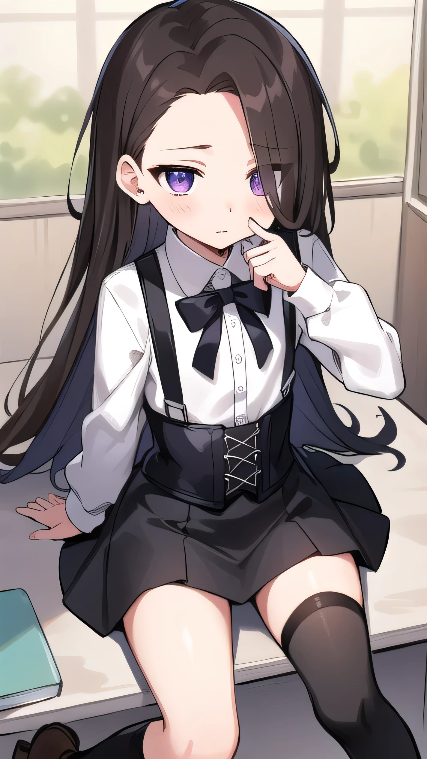 Brown hair, long hair, purple eyes, very short bangs, wide forehead, white shirt, long sleeves, black corset, black miniskirt, black knee socks, middle school student, flat chest , short, narrow eyes, hanging eyes, forehead, straight hair, harness, I'm worried