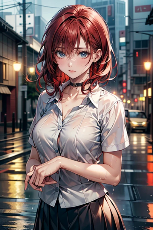 1 girl, solo, red hair, short ponytail, blue eyes, drizzling, roadside, zebra crossing ,under the lamp post, night, , white shirt , black tie, piercings, big boobs, puddle, wet, gloomy. holding an umbrella