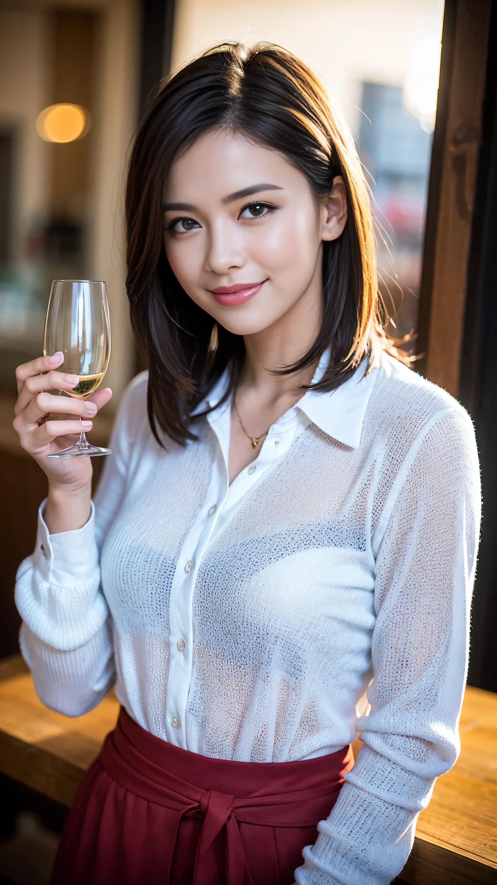 ((highest quality、8k、masterpiece:1.3))、1 male、1 female、Couple、Spouse、Couple、The body is slim、((Bob Hale、Straight hair:1.2)), (Realistic, Intricate details:1.2), Wine glass on the table、Shine light on your face、 Amazing view of the sunset sky and clouds、Amazing mountain views、A bright smile、The wonderfulness of smile、Bright image、The beauty of wine, Beautiful Face, blue eyes, The light shines on your face, Blushing, short hair,Bright Face、 (Age 37), 39 years old, red wine 、Appetizers、Italian food、Wine bottle、Champagne、sparkling wine、Two beauties、Brown Hair、Shortcuts、Long sleeve shirt、dress、Pretty Woman 1, (Slim face), (The body is slim), (Brown Hair), (Shortcuts), cheeks turn a little red,Attractive beauty、restaurant, In a prominent place (From the waist up) Nova Frog Style, actress, model, Upper Body, White wine, slim, wine glass, A wine glass placed in the center, smile, (smile: 1.15), Beautiful fine grain, Depth f/2,saturation, High Contrast, Strong light and shadow,Moist Body:1.5、3D texture、Delicate eyes、Brown Hair、The hair is very shiny、