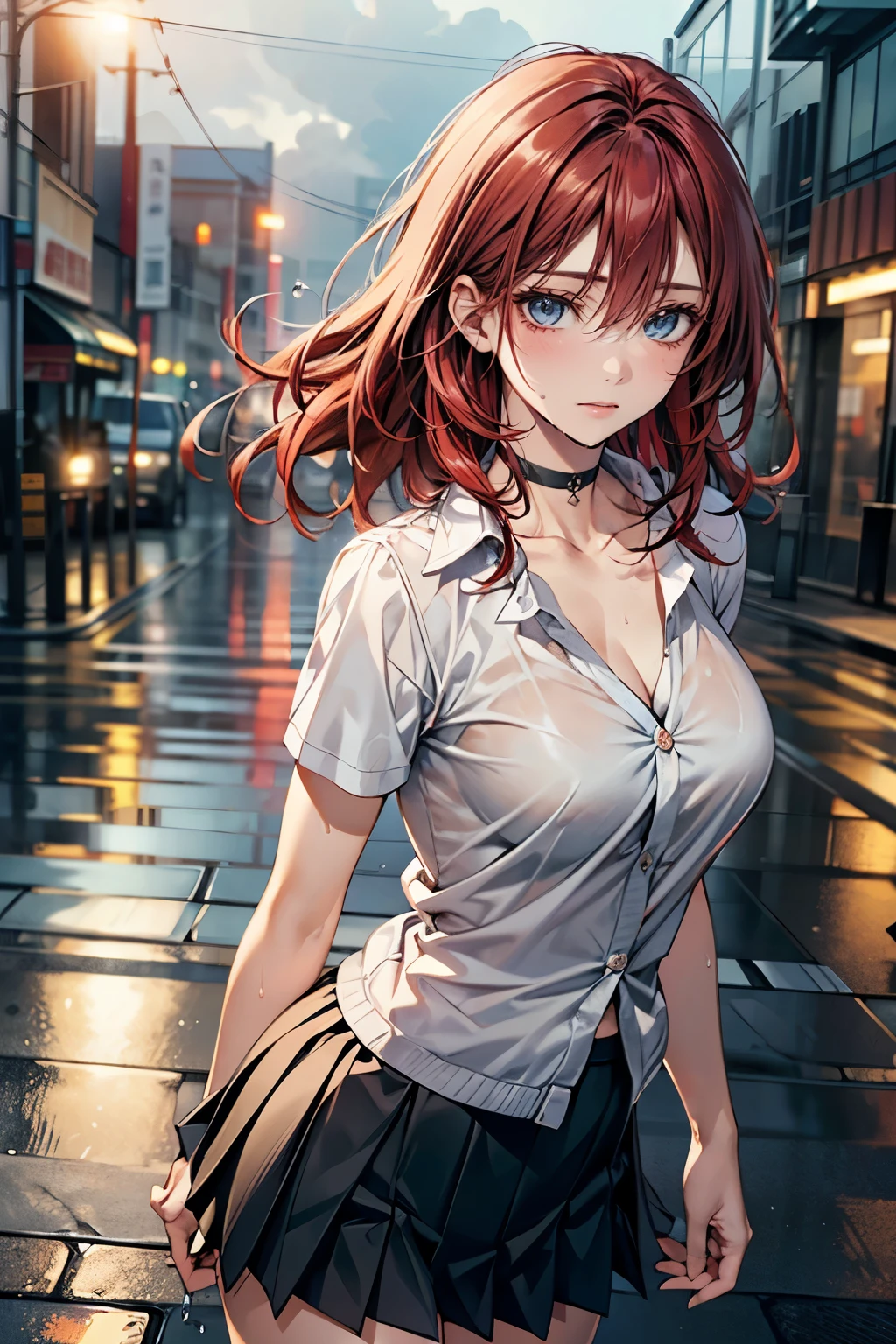 (masterpiece:1.2, highest quality), (Realistic, photoRealistic:1.4), Beautiful illustrations, (Natural Side Lighting, Cinema Lighting),
Looking at the audience, Face Focus, Upper Body, 1 female, Japanese, Perfect Face, Perfect body, Symmetrical cute face, Shiny skin, Baby Face, Big Breasts:1.4, Hair between the eyes, Emerald green eyes, Captivating thighs, thin,
Beautiful Hair, Beautiful Face, thin and beautiful eyes, Beautiful clavicle, Beautiful body, Beautiful breasts, Beautiful thighs, Beautiful feet, Beautiful fingers, Are standing,(masterpiece:1.2, highest quality), (Realistic, photoRealistic:1.4), Beautiful illustrations, 1 female, Japanese, ((medium red hair:1.5)), blown 髪, bangs, 髪 between eyes, Big Breasts,
beautiful 髪, Beautiful Face, Beautiful and exquisite, (blue eyes:1.3), Beautiful clavicle, Beautiful body, Beautiful breasts, Beautiful thighs, Beautiful feet, Beautiful fingers,
((Collared short-sleeved shirt, Green pleated skirt, Collarless jacket:1.6, choker)),
Woman in the rain、Wet Hair、Clothes that stick to the skin、Dripping water、Transparent raindrops、Wet eyelashes、A sad expression、Glowing Skin、Rainy background、Wet asphalt、Reflection of light、Moist texture、coldness、Ephemerality、Sentimental atmosphere、Natural beauty、The sound of drops falling、Silence in the wind、Wet ground、Cloudy、Sparkling Eyes