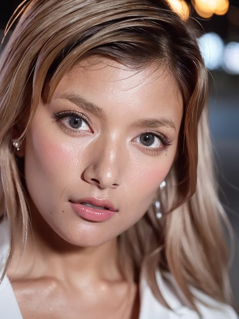 stare at the camera, bust shot, mix 4,(8K, RAW photo, highest quality, masterpiece:1.2), (realistic, photo-realistic:1.37),1girl,cute,cityscape, night, rain, Wet, professional lighting, photon mapping, radio city, physically based on rendering, gradient black hair, gray hair, short curly hair, good looking, girl, White Ball Suit, excellent quality, High resolution, 1080P, (clean face), (Detailed facial description), (detailed description of hands ),(masterpiece),(Detailed CG),extreme light and shadow, messy hair, masterpiece, Rich details,(exquisite features),(highest quality),(masterpiece),(delicate eyes),looking forward to your eyes, exquisite collar bone