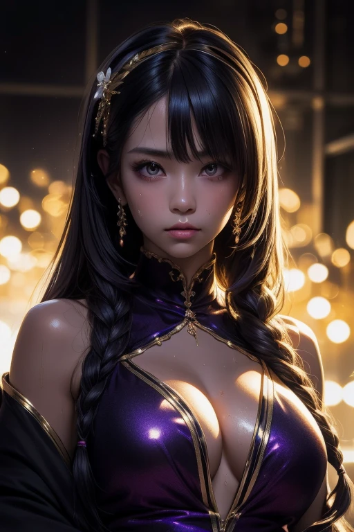 (((medium full shot))), (Masterpiece, photorealistic, photorealism, best quality, ultra-detailed:1.3), (nice hands, perfect hands), official art, cinematic light, (1girl:1.3), adult, looking at viewer, purple very long hair, blunt bangs, braid, hair ornament, straight hair, cleavage, ((sweaty shiny skin)), sexy stare, sexy slim body, bare shoulders, japanese clothes, wide sleeves, highly detailed neon sparkling dark very dark background, depth of field