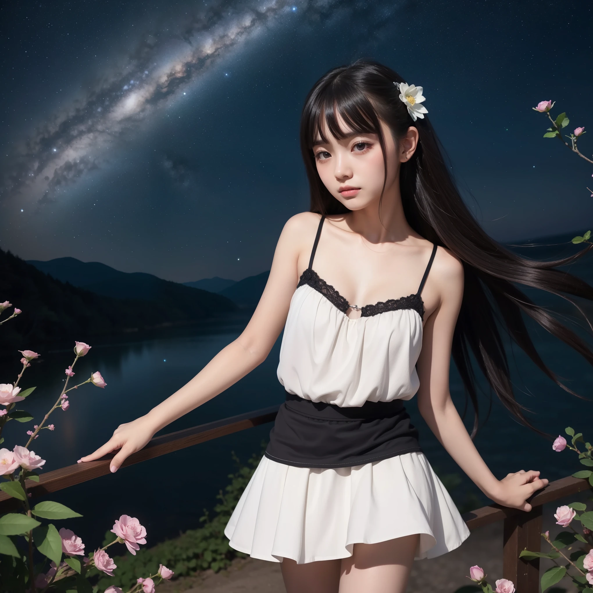  girl, long black hair, Very curly, ribbon on the neck, Skinny body, small bust, naked, With a blanket, lying down, two hands, shows her legs, sitting on a hill at night, very starry sky, few trees, flowers illuminating, she very pretty.