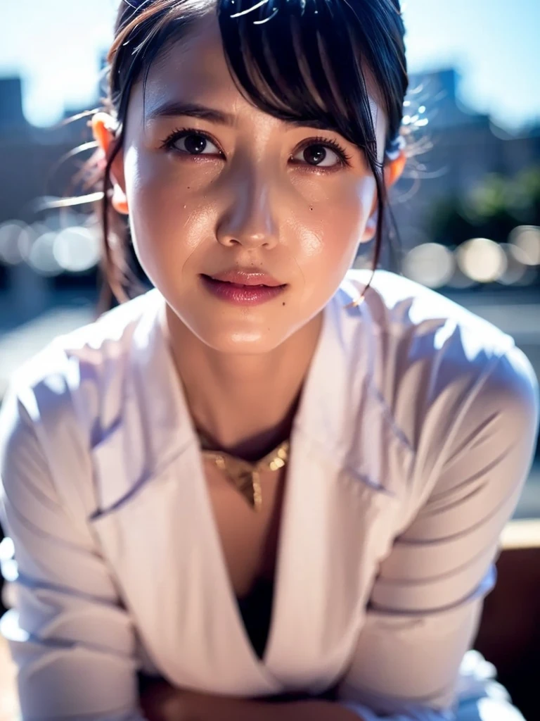 stare at the camera, bust shot, mix 4,(8K, RAW photo, highest quality, masterpiece:1.2), (realistic, photo-realistic:1.37),1girl,cute,cityscape, night, rain, Wet, professional lighting, photon mapping, radio city, physically based on rendering, gradient black hair, gray hair, short curly hair, good looking, girl, White Ball Suit, excellent quality, High resolution, 1080P, (clean face), (Detailed facial description), (detailed description of hands ),(masterpiece),(Detailed CG),extreme light and shadow, messy hair, masterpiece, Rich details,(exquisite features),(highest quality),(masterpiece),(delicate eyes),looking forward to your eyes, exquisite collar bone