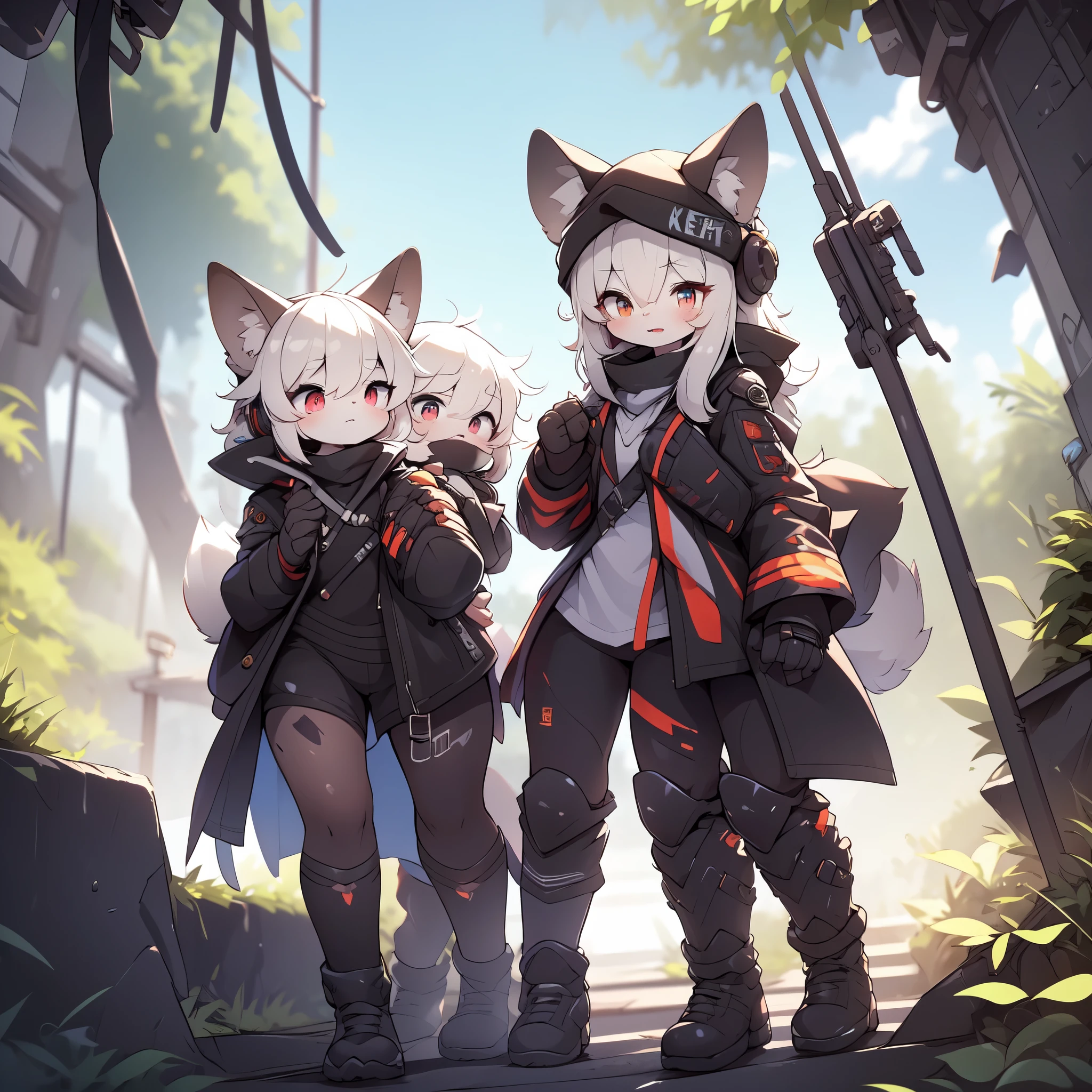 Kawaii, Striped Fluffy Fox, emaciated, long hair, 3girls, artificial synthetic skin, life support prosthetics, digital headphones, black tight latex bodysuit, white long dress, thigh-high-socks, shorts, loose off-the-shoulder hood open jacket, holsters in thigh, Mechanical boots, tactical knee pads, tactical belted loose Arm Sleeves, cybernetic Display gloves, chest rigs, tactical belts, blue archive halo, bulletproof goggles on forehead, from Ark nights, ray tracing, depth of field, bloom, masterpiece, ccurate, high details, highres