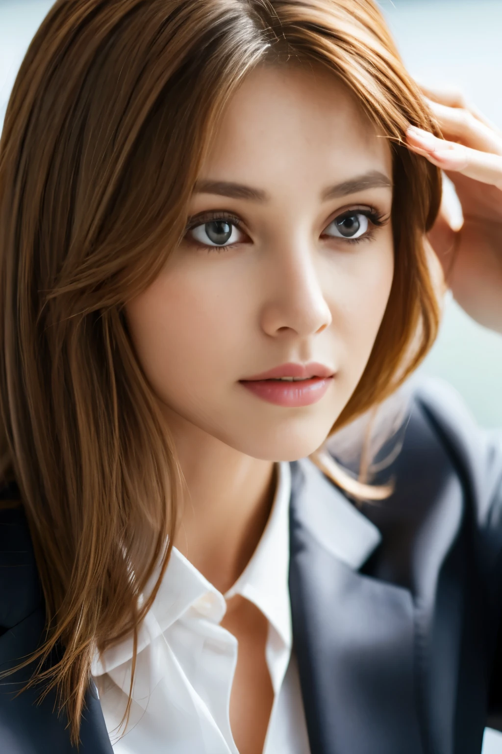 A close up of a woman in a suit and tie posing for a picture - SeaArt AI