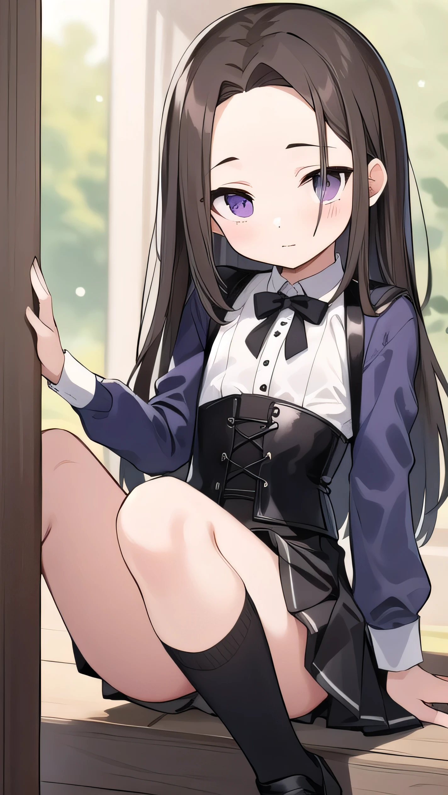 Brown hair, long hair, purple eyes, very short bangs, wide forehead, white shirt, long sleeves, black corset, black miniskirt, black knee socks, middle school student, flat chest , short, narrow eyes, hanging eyes, forehead, straight hair, harness,