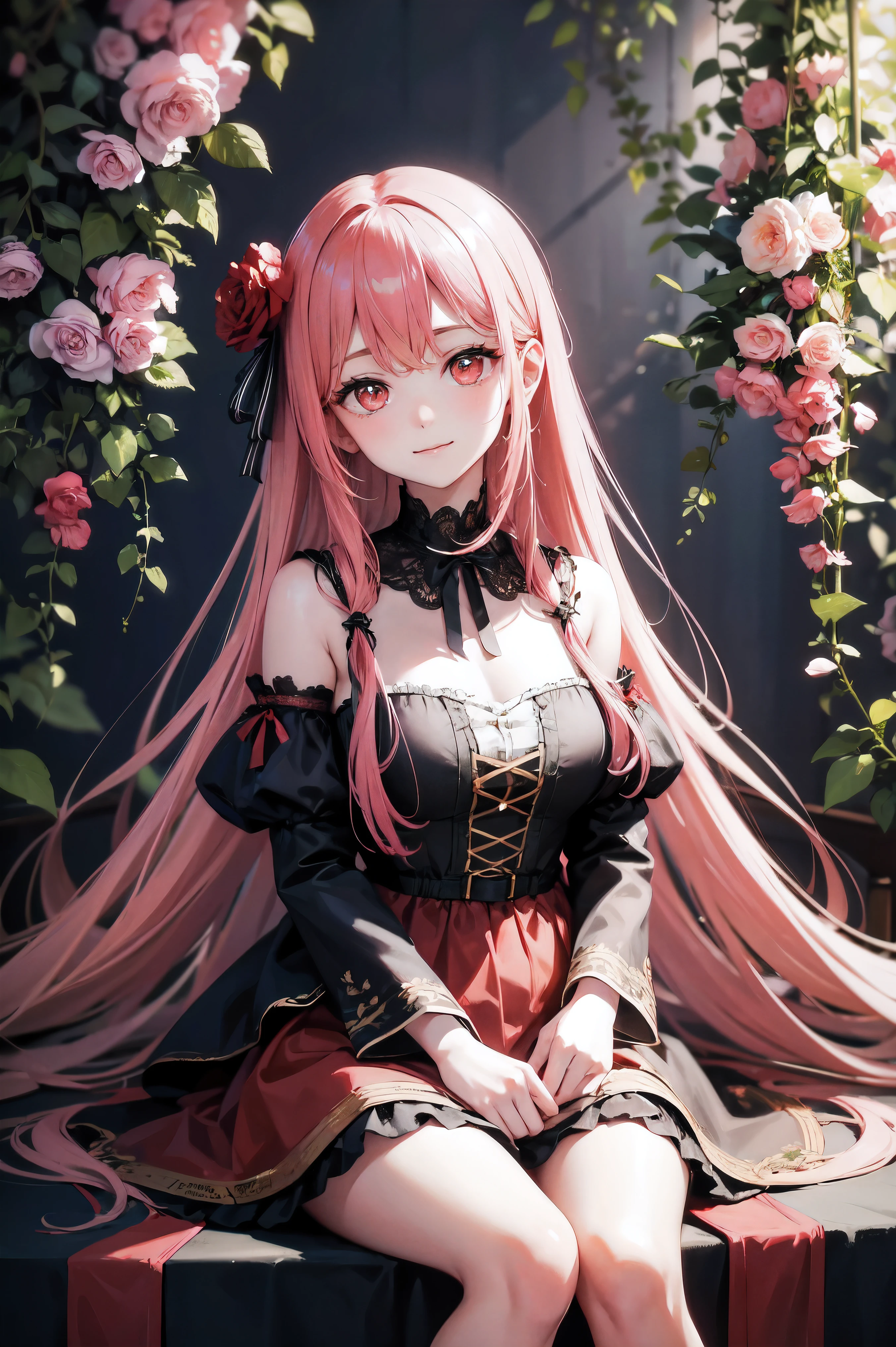 masterpiece, best quality, highly detailed, absurdres, UHD, pixiv, illustration, aesthetic background, with a blending of flowers, vines, and wood, 1girl, long hair, pink hair, red eyes, elegant, frilly dress, smile, closed mouth, sitting, blending in with the background