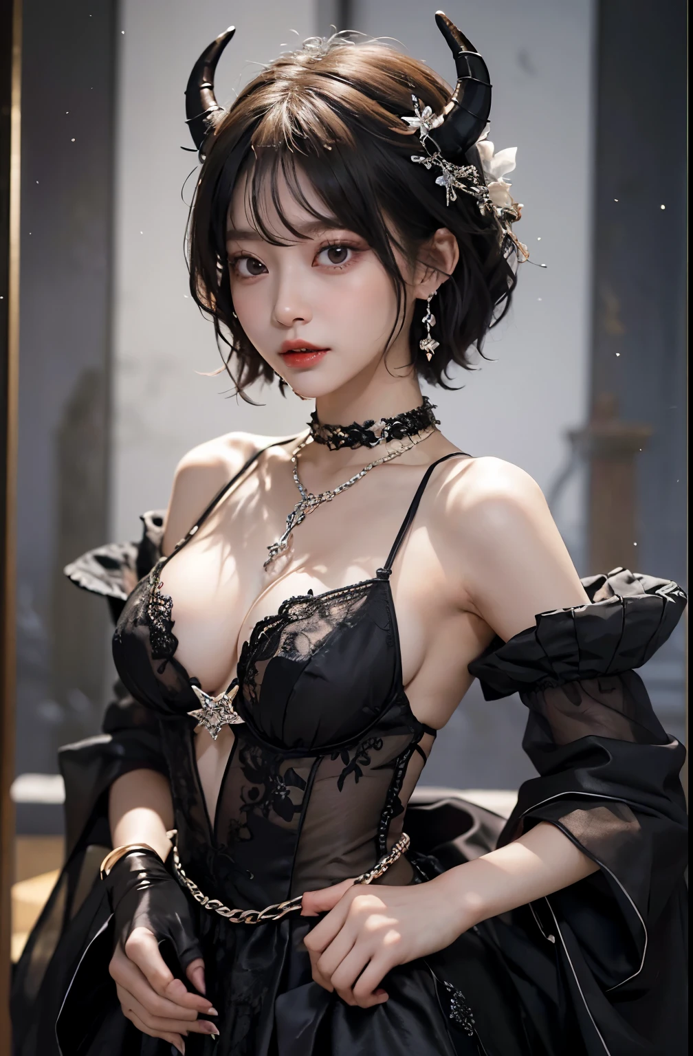 (highest quality:1.3)、(masterpiece:1.3)、sharp、(Perfect body beauty:1.2)、(Night Scene:1.3)、(Black Dress:1.3)、(Luxury Room:1.2)、(chain:1.2)、Highly detailed face and skin texture、Detailed eyes、double eyelid、short hair、boyish、unisex、Big eyes、necklace、((One Woman))、bracelet、Earrings、choker、ring、chain accessories、chain、Thick chain collar、(restrain with chains)、((fall to the dark side))、((evil princess))、Cleavage、Off the shoulder、(palace)、((Fantasy Castle))、((The Devil's Bride))、((devil princess))、(Blushing)、(looking at the camera)、(chain choker)、devil horn、((devilize))、assimilation by the devil