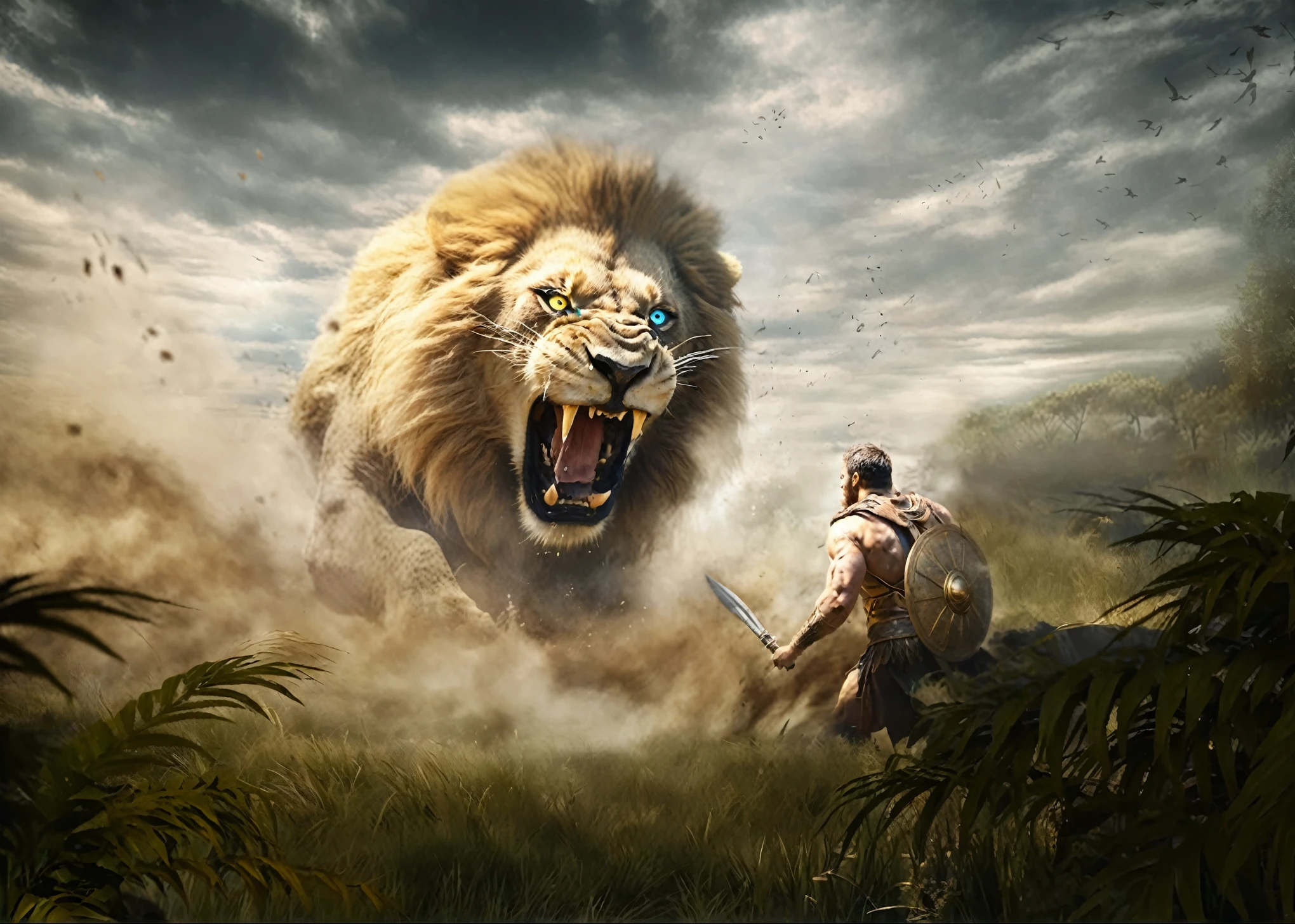 (best quality, high resolution, Super detailed, Practical: 1.37), professional, Studio Lighting, HDR, Bright colors, Clear focus, （(The majestic lion is roaring angrily: 1.8)）, wild animals, Intense expression, Sharp blue eyes, Strong physique, Elegant fur，The ancient Greek warrior in the foreground is fighting an angry lion on the savannah。This scene was shot from behind，Just like it was taken with a camera，dusty，Green grass is visible in the background,A lion has blue eyes,In the style of sci-fi game concept art, Capturing the power of wildness, wild animals摄影 photography, Fine Arts, nature, touching, Fascinating, Spectacular lighting, Contrast of light and shadow, minimalist composition, a true masterpiece of nature具有强烈光晕背景阳光的真正杰作.