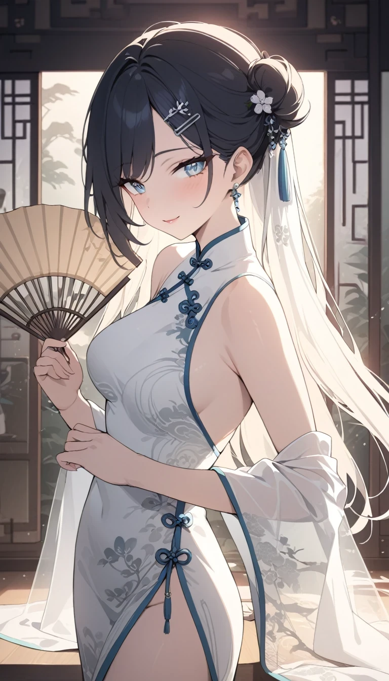 (best quality,4k,8k,highres,masterpiece:1.2),vivid colors,beautiful detailed eyes,beautiful detailed lips,flowing dress,traditional attire,porcelain skin,elegant pose,artistic composition,serene expression,subtle smile,dainty hand gesture,delicate embroidery,rich cultural heritage,ethereal beauty,shimmering fabric,focus on intricate patterns,dynamic lighting,contrast between light and shadow,subtle use of color,traditional cheongsam,classic elegance,graceful silhouette,ornate hairpin,delicate fan,subtle background elements,traditional Chinese architecture elements,subtle hints of nature,harmonious blend of tradition and modernity,meticulous attention to detail,expressive brushstrokes,traditional ink painting influences,exquisite craftsmanship,exquisite beauty,memorable and captivating scene,retro atmosphere.