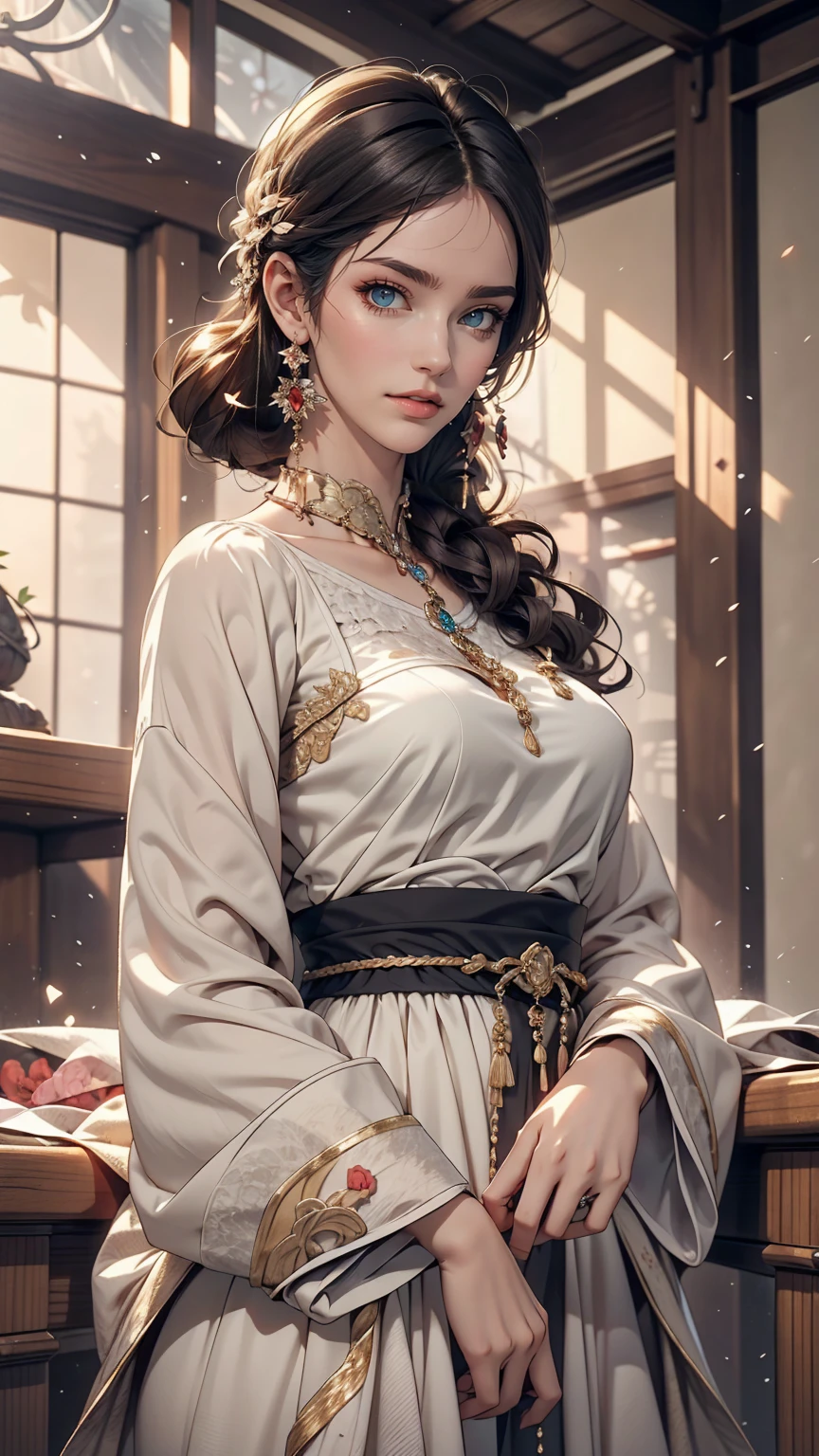 1 female, Black Hair, Blue Eyes, Delicate face, cute, Love Earrings, White Dress, Playful, Ultra HD, masterpiece, highest quality, Super detailed, Accurate、In a foreign-style house in Kobe, Hyogo Prefecture, Japan