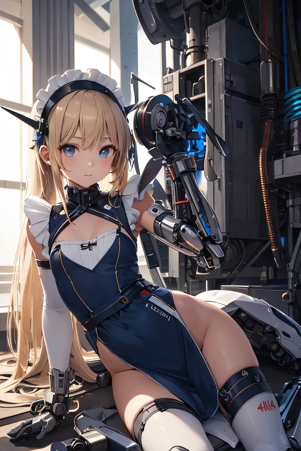   girl ,girl 12 year old  , futuristic grey tigh suit with blue details, red canon,flat  chest ,long blonde hair frinje ,(loli body), mechanic-headband,led blue  best quality, 8k ,black maid uniform , vitorian Maid dress , Cyborg arms. Mechanical Limbs Metal,  Mechanical legs .