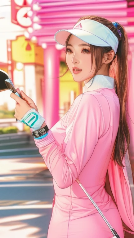 Photographed by a professional photographer、, UHD, accurate, anatomically correct, textured skin, super detail, high details, best quality, 8k、A woman in her 50s wearing a pink dress holding a golf club and a golf ball, Smooth white tight clothing suit, Dilraba Dilmurat, Gorgeous Young Japanese Woman,　 Beautiful Japanese Women,  Professional sports style、Keiko Kitagawa、