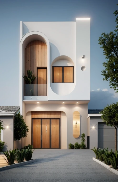 Realistic, hyper detail, 1 morden house, 1 road infront of the house, night light, light from indoor:1.3, few red flower, main maerial about white wall and wooden cladding