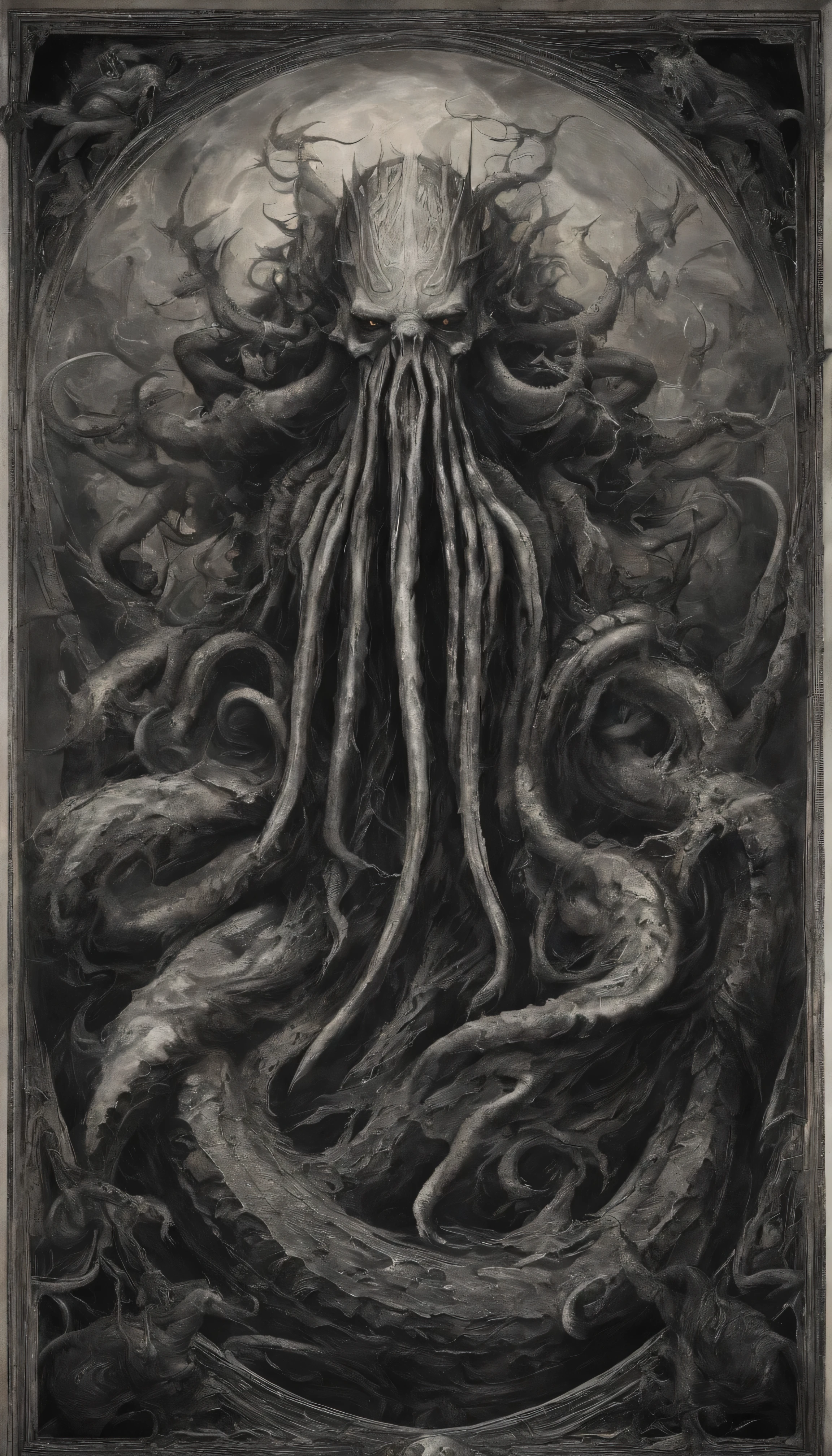 From the depths he emerges, lord of the darkness,
The Cthulhu's Parade in crimson hues.
Whispers of the otherworldly echo,
A festival where madness and beauty fuse.
In the night sky adorned with abyssal splendor,
Feathers stained with blood dance and soar.
Entwined by threads of fate,
The deranged revel in ecstasy's roar.
Oh mighty Cthulhu, ruler of the depths,
In our pursuit of desires so forlorn,
We embark on a path of madness and despair,
Guided by the disciples of the one we adorn.
On the grand boulevard, grotesque forms stride,
Where terror and beauty intertwine.
In the realm betwixt dreams and nightmares,
We surrender ourselves to euphoria's shrine.
Praise his name, the great Cthulhu,
Monarch of the abyss, the wellspring of our insanity.
In this eternal procession's stage,
We celebrate the coming of the world's calamity.