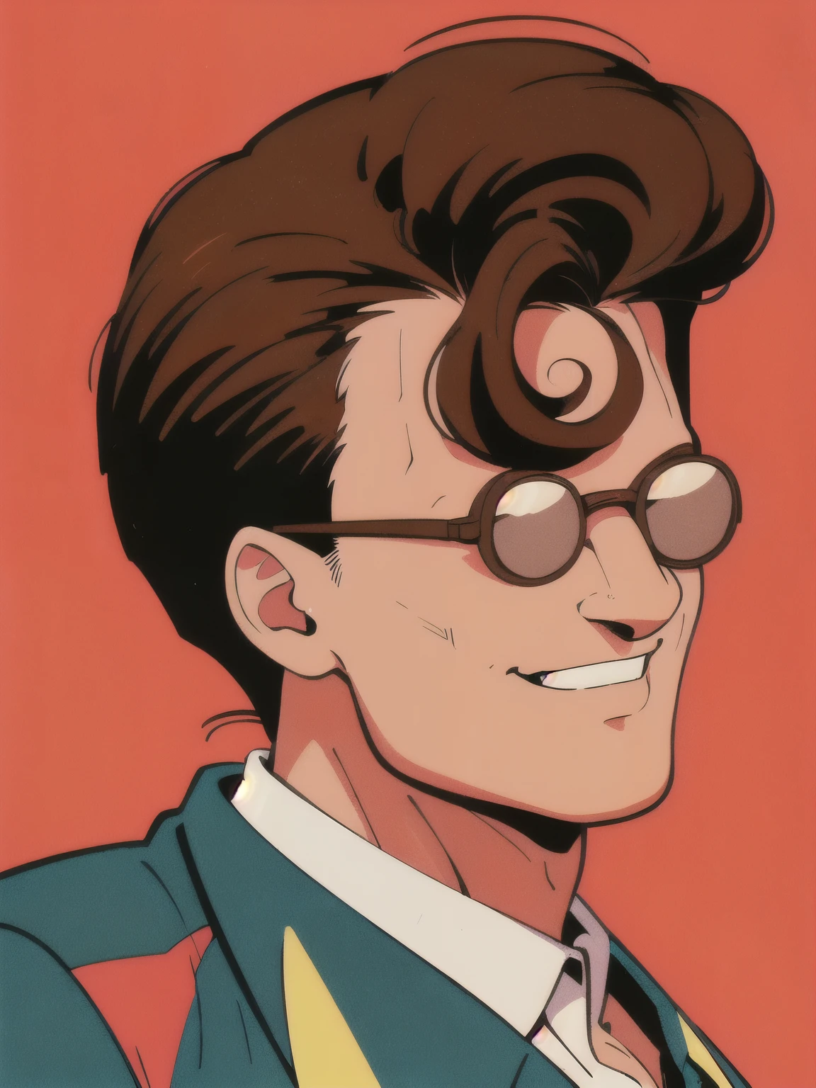 (1990s \(style\), retro artstyle),1boy, Cel painting, Retro, good looking, sharp, stylish, strong, Fierce, Charisma, Charm, smile, pince-nez, brown hair, no eyes, glasses