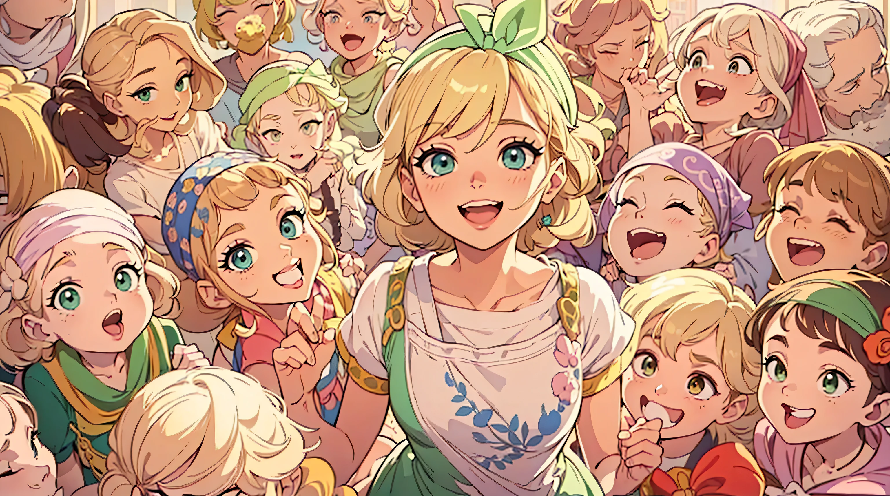 (best quality, masterpiece, illustration:1.1), 30 years old woman, green round eyes, short blonde golden hair, thin, (((simple pastel dress and a head bandana))), happy, beautiful, a lot of happy children around her with different clothes, highly detailed, 4k, perfect body, rich quality, hd, ultrahd, full body, idle pose, smiling, no background