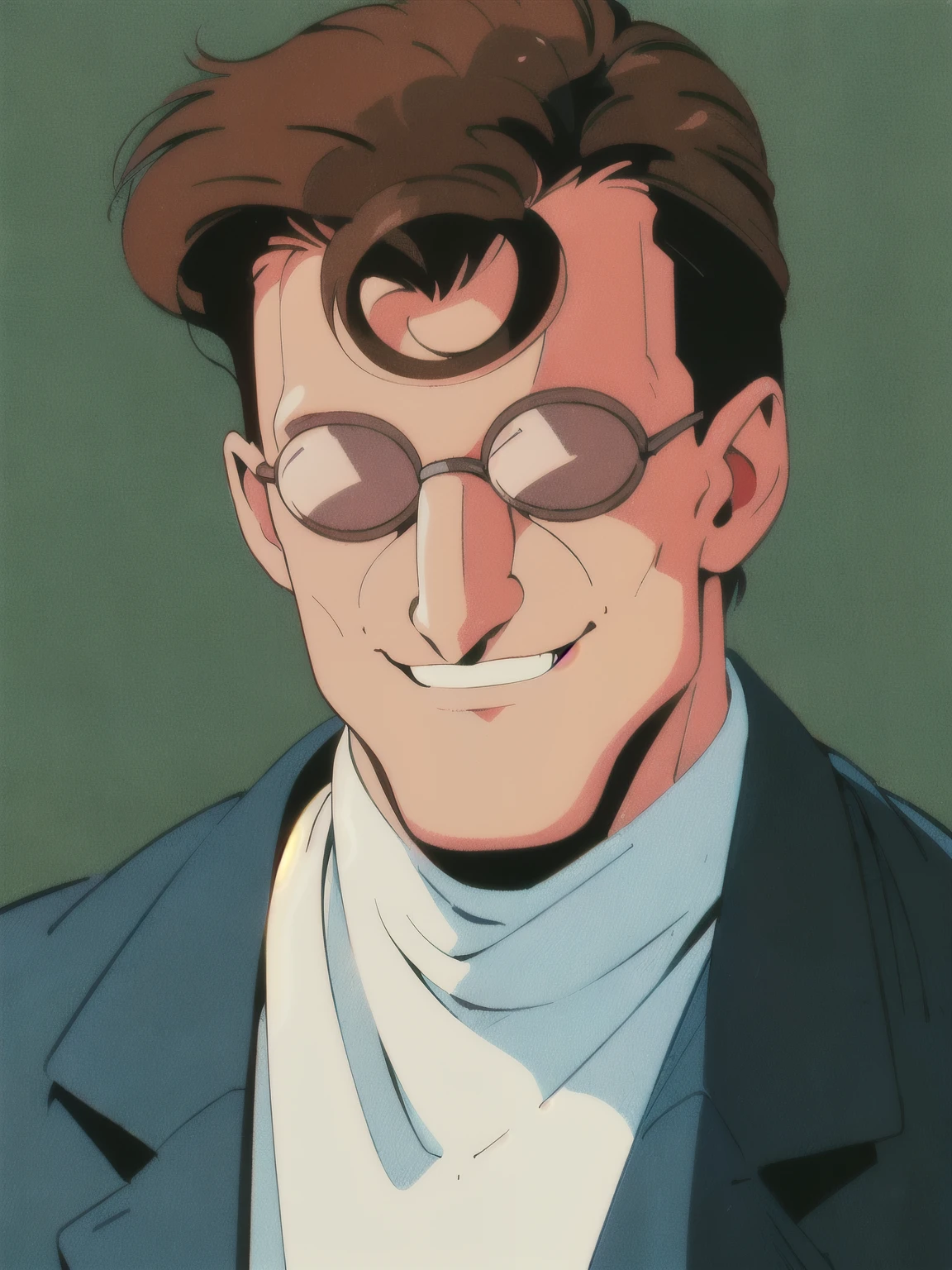 (1990s \(style\), retro artstyle),1boy, Cel painting, Retro, good looking, sharp, stylish, strong, Fierce, Charisma, Charm, evil smile, pince-nez, brown hair, no eyes, glasses