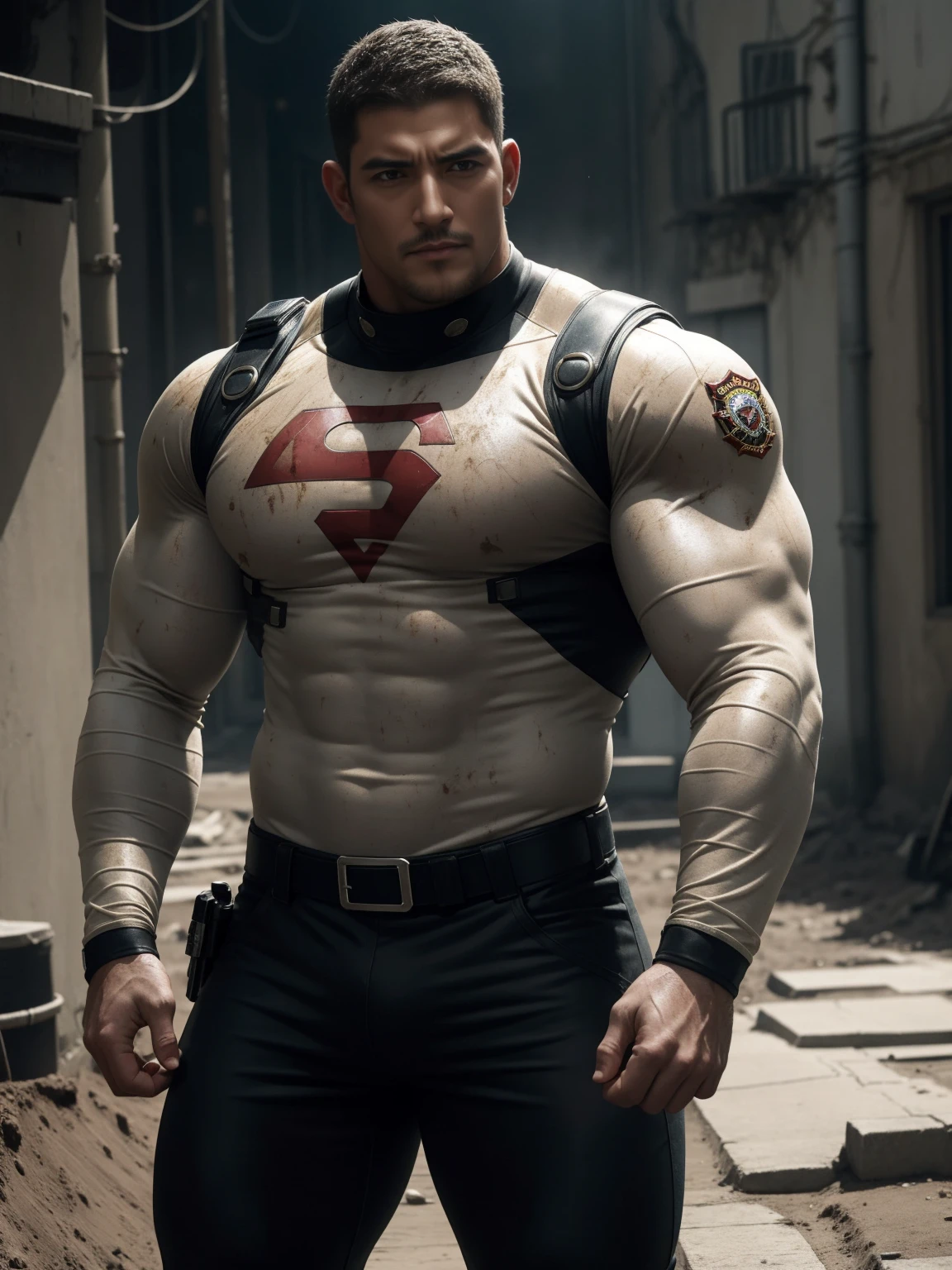 Angry super muscular man,  Buzz Cut，On the old-style outdoor street under the hot sun, Wear a long-sleeved cream superhero bodysuit, Mud wrapped body，Clothes are very dirty with mud stains，The expression is arrogant, Thick thighs, Messy hair, Thick thighs, High collar, long sleeve, cream white superhero bodysuit, very tight, Regular symmetrical pattern, Highlight muscles, Police uniform pants, character concept（Resident Evil - Chris Redfield, Chris Redfield）A proud expression, Deep and charming eyes, Heroic male pose, tall Burly, muscular！muscular thighs, tough guy, perfect facial features, High, Burly, Heqiang, Super polished and cool, High Resolution Committee, Charismatic, The sun is blazing, dazzling