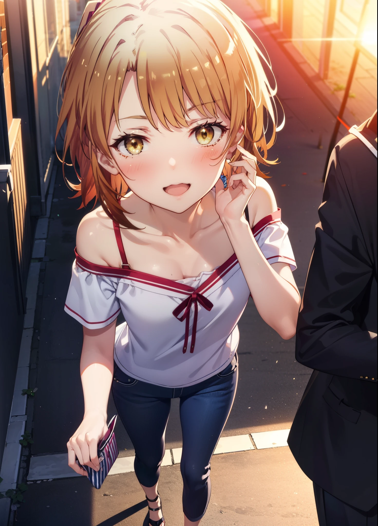 irohaisshiki, iroha isshiki, short hair, Brown Hair, (Brown eyes:1.5),happy smile, smile, Open your mouth,ponytail,Short braided hair,Medium chest,
hair band,Cord off-shoulder top,Short sleeve,skinny pants,Stiletto heels,Sunset,evening,The sun is setting,Walking,whole bodyがイラストに入るように,Looking down from above,Holding a Chanel bag in her right hand,
break outdoors,In town,Building district,
break looking at viewer, whole body,
break (masterpiece:1.2), highest quality, High resolution, unity 8k wallpaper, (shape:0.8), (Beautiful details:1.6), Highly detailed face, Perfect lighting, Extremely detailed CG, (Perfect hands, Perfect Anatomy),