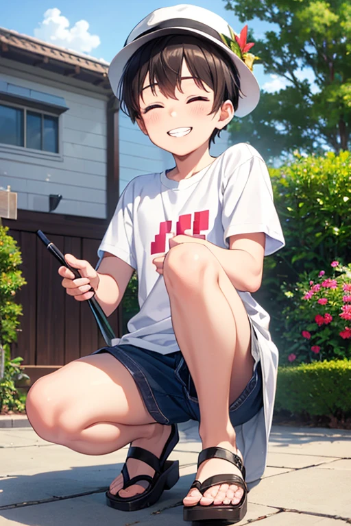 (((pixel-perfect, detail-perfect))), solo, 1boy, tabe(Yeol Ayres), hat white, 11 year old, shirt cyan, closed eyes, grin, smile, short white, sandal black, house