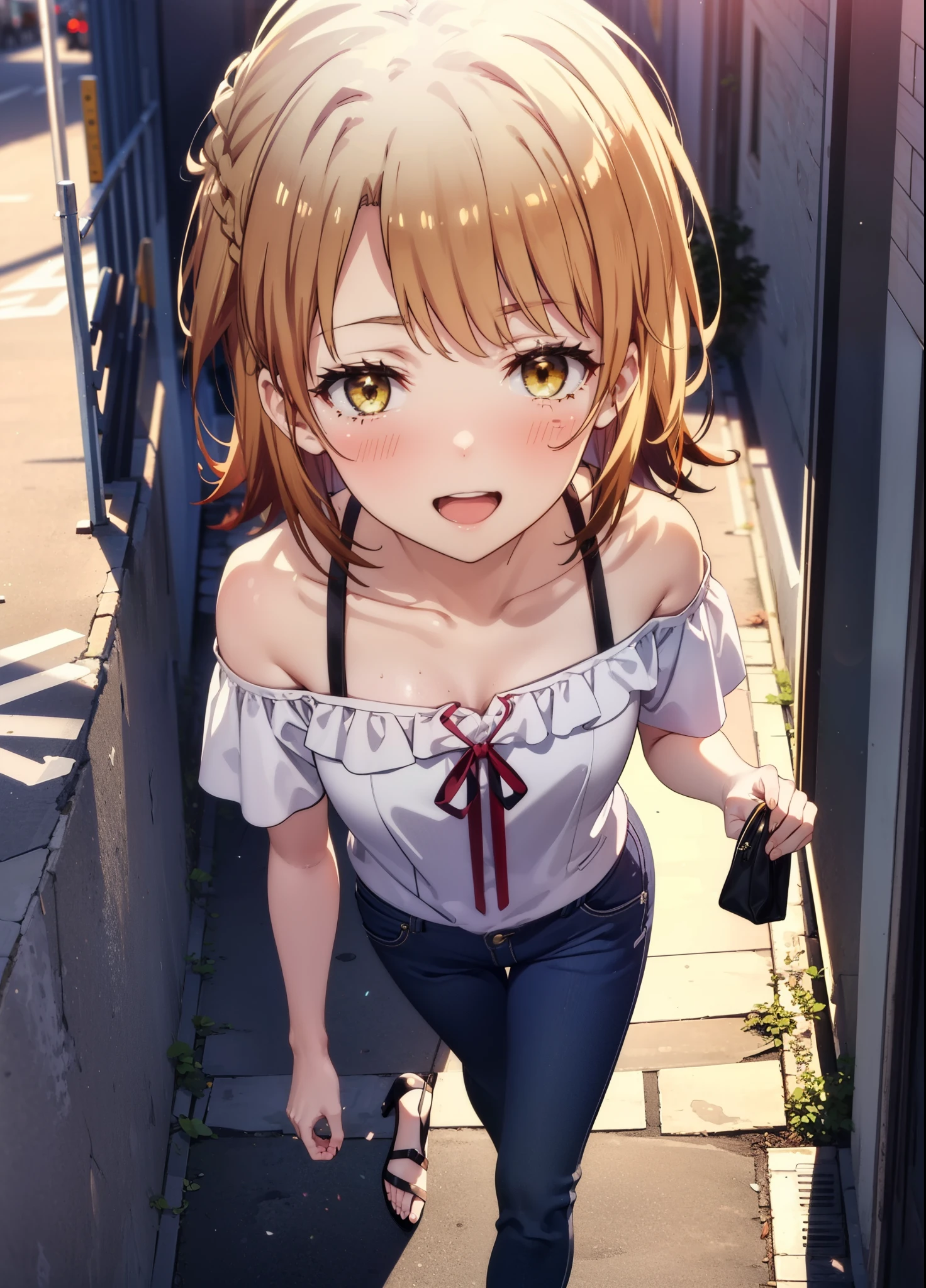 irohaisshiki, iroha isshiki, short hair, Brown Hair, (Brown eyes:1.5),happy smile, smile, Open your mouth,ponytail,Short braided hair,Medium chest,
hair band,Cord off-shoulder top,Short sleeve,skinny pants,Stiletto heels,Sunset,evening,The sun is setting,Walking,whole bodyがイラストに入るように,Looking down from above,Holding a Chanel bag in her right hand,
break outdoors,In town,Building district,
break looking at viewer, whole body,
break (masterpiece:1.2), highest quality, High resolution, unity 8k wallpaper, (shape:0.8), (Beautiful details:1.6), Highly detailed face, Perfect lighting, Extremely detailed CG, (Perfect hands, Perfect Anatomy),