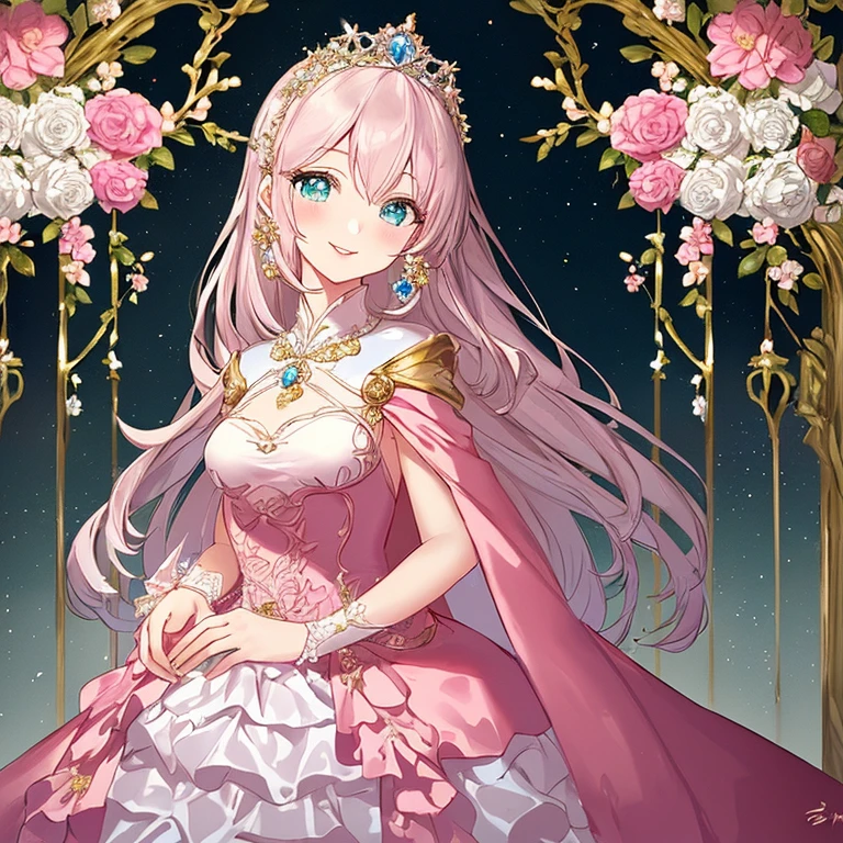 (kawaii),(best quality),(ultra detailed),(rococo style),(long train pastel pink cape:1.15), very long cape,(long train white ball gown with flower decorations:1.1), a girl is wearing a cape over her gown, 1 little princess, tiara, smile, very long hair, small breasts, beautiful detailed eyes, beautiful detailed lips, looking at viewer