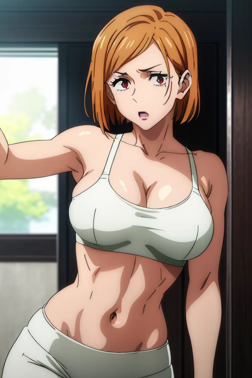 (Best Quality, masterpiece, High resolution, anime screen cap, anime colours), Orange hair, Nobara Kugisaki, Lewd Face:1.3, (large full breasts:1.5), cleavage, (Thin fabric, White Sport Bra:1.8, no-bra:1.5), Slimed, Leaning forward, Upper body, Bedrooms, (Perfect Anatomy, perfect detailed body, Eyes and hair in beautiful detail, Beautiful breasts and skin), armpits, armpits visible,