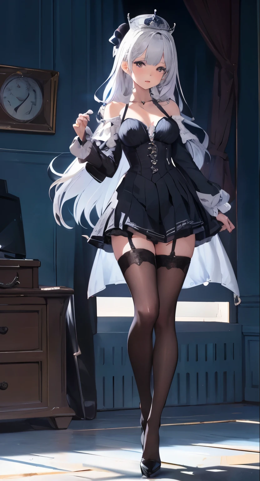 1girl,gray hair,Ranko Kanzaki,evil smile,blush, open mouth,shoulder,Gothic Lolita,black gloves,sitting by the window,two legs,legs focus,black thigh high stockings,from below,black high heel,wet clothes,wet body,steam,heart-Shaped Pupils,cross one's legs,armpit