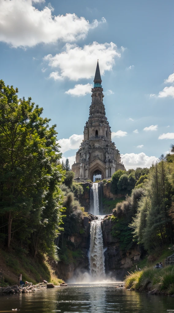 masterpiece, best quality, high quality, extremely detailed CG unity 8k wallpaper, scenery, outdoors, sky, cloud, day, no humans, mountain, landscape, water, tree, blue sky, waterfall, cliff, nature, lake, river, cloudy sky,award winning photography, Bokeh, Depth of Field, HDR, bloom, Chromatic Aberration ,Photorealistic,extremely detailed, trending on artstation, trending on CGsociety, Intricate, High Detail, dramatic, art by midjourney. There is a pyramid at the top of which no one knows who or what sits.