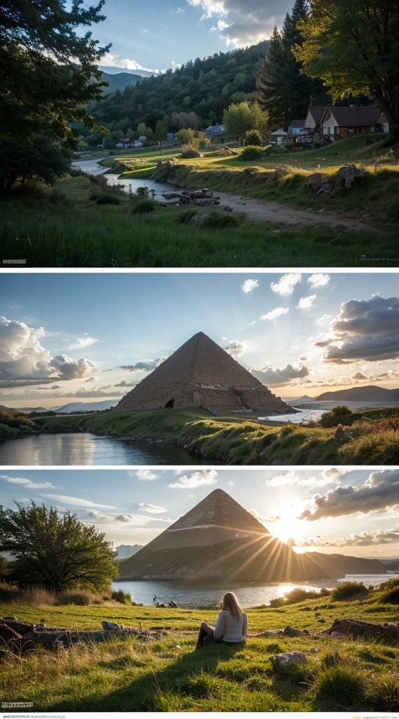 masterpiece, best quality, high quality, extremely detailed CG unity 8k wallpaper, scenery, outdoors, sky, cloud, day, no humans, mountain, landscape, water, tree, blue sky, waterfall, cliff, nature, lake, river, cloudy sky,award winning photography, Bokeh, Depth of Field, HDR, bloom, Chromatic Aberration ,Photorealistic,extremely detailed, trending on artstation, trending on CGsociety, Intricate, High Detail, dramatic, art by midjourney. There is a pyramid at the top of which no one knows who or what sits.