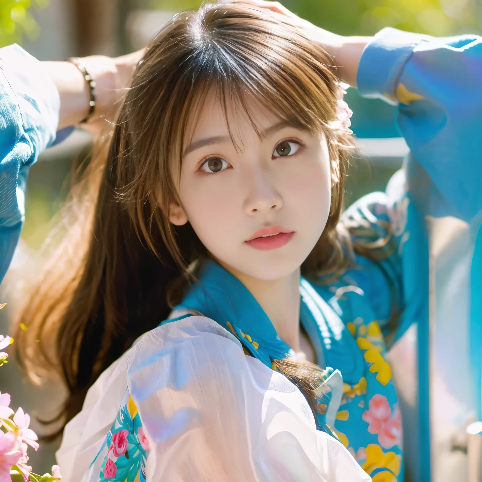 (masterpiece), (best quality), (ultra detailed),(disheed hair),(illustration), (1girl), (Fashionable clothing), standing, Fashion model, looking at viewer, (interview), (simple background), Beautiful detailed eyes, delicate beauty, floating, (high saturation), (colorful splash), colorful bubbles, (shine), focus on the face, ponytail, Ayaka Kamisato, light blue hair, bangs, scrunchies, floating flowers, flowing hair, (shiny), best lighting, best shadows, perfect hands