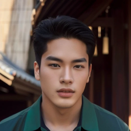 3D, 8k, anime arafed man in สวมแจ็คเก็ตสีดำ สวมแจ็คเก็ตหนังสีดำ red shirt standing in front of a pagoda, wearing a polo shirt, Asian man, light stubble with red shirt, Wear a red formal dress, Damian Tran, wearing red dress, Handsome Chad Chin, red shirt, Asian people, Christopher Chao, A well-maintained model, Inspired by David Diao, Profile picture, Southeast Asian people with round faces. Animated yes.