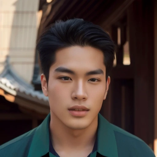 3D, 8k, anime arafed man in สวมแจ็คเก็ตสีดำ สวมแจ็คเก็ตหนังสีดำ red shirt standing in front of a pagoda, wearing a polo shirt, Asian man, light stubble with red shirt, Wear a red formal dress, Damian Tran, wearing red dress, Handsome Chad Chin, red shirt, Asian people, Christopher Chao, A well-maintained model, Inspired by David Diao, Profile picture, Southeast Asian people with round faces. Animated yes.