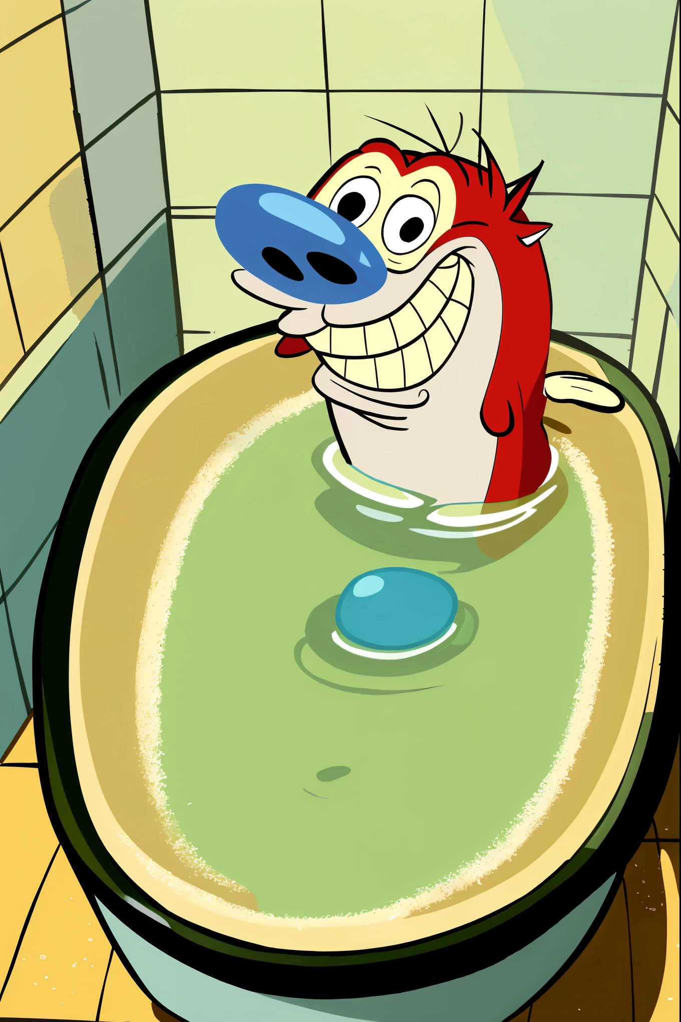 (stimpy:1), (small cartoon cat:0.3), flat colours, 2d cartoon, teeth, in a bathtub