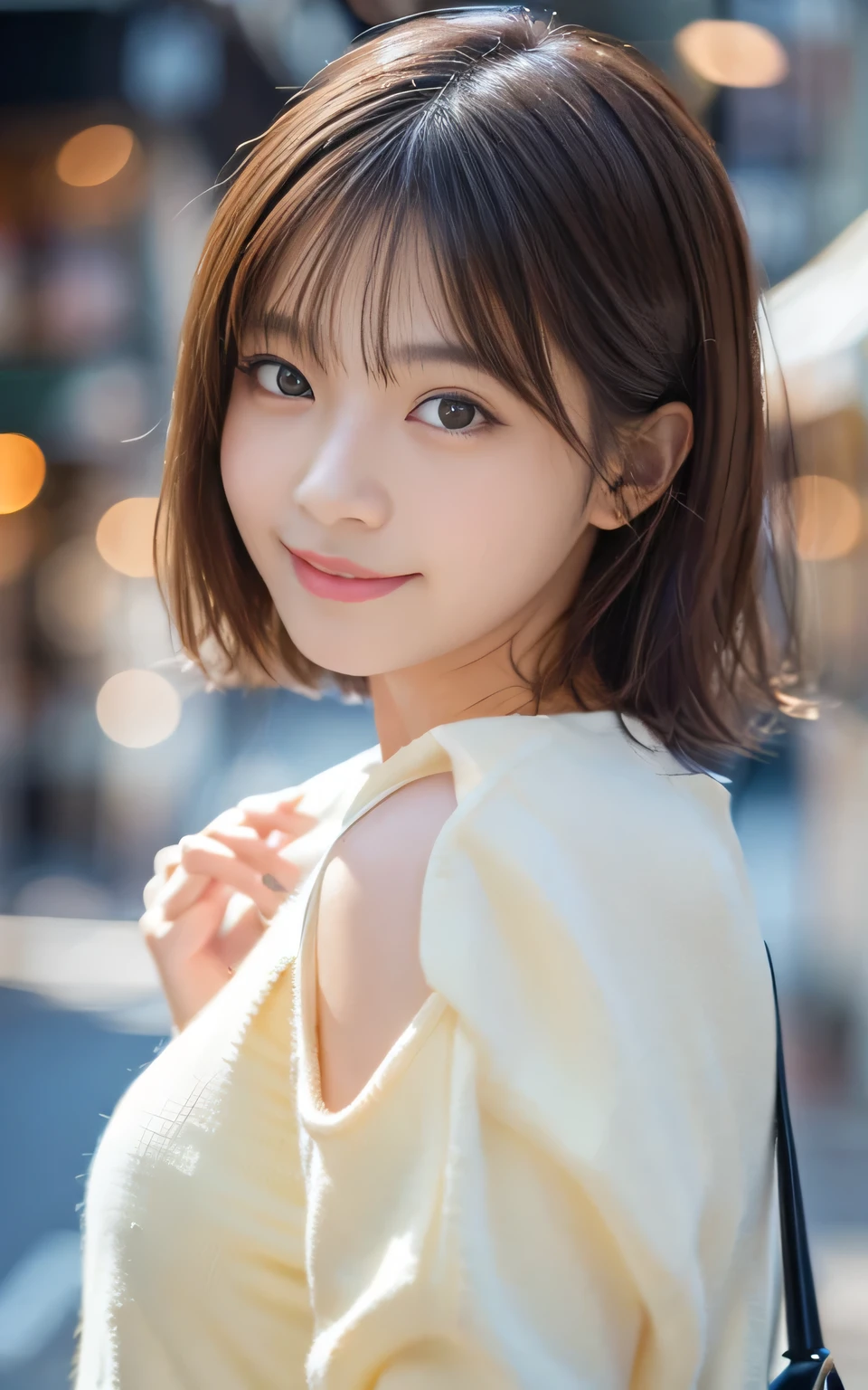 (a beautiful woman, age 28, walking near Tokyo Tower, wearing elegant see-through purple dress, White Daisy hair accessories, short disheveled hair, super definition face, fine eyes with double eyelids, dimpled kind smile, beautiful lips, fair skin, super cute and soft face, brown hair, soft toned body, ample round bosom, 8k resolution, super realistic, super definition, highest definition, masterpiece, bokeh_background, SFW, sunrays)