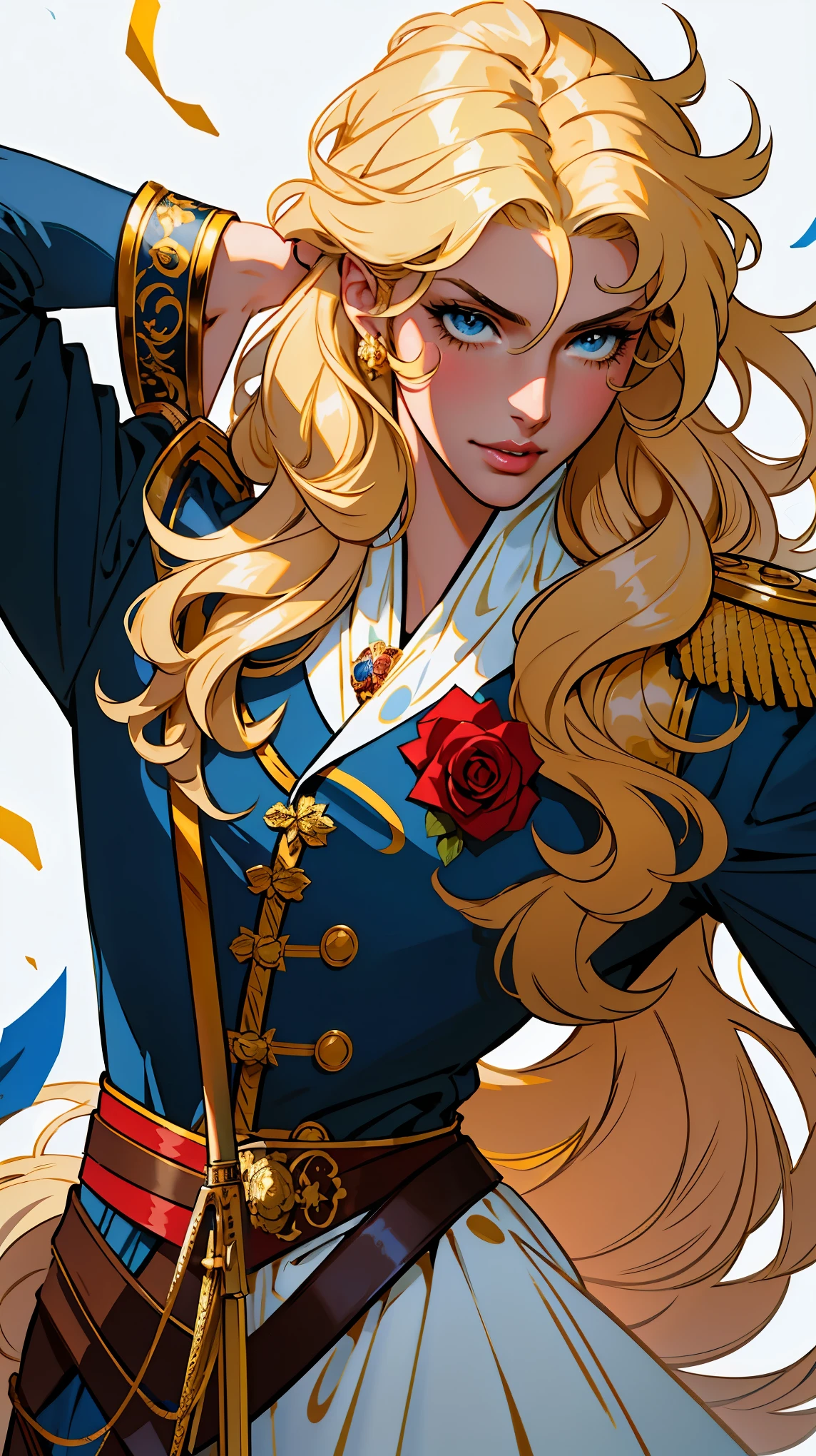 ((Masterpiece, highest quality;1.3)), super quality, beautiful detail, super detailed, extra fine, 16K, exquisite, absurd, high resolution, beautiful background, detailed background, beautiful eyes, beautiful skin, anime style, 1 girl, solo, Point of View Shot, The Rose of Versailles, Oscar François de Jarjayes, ((Woman with long blonde hair holding a rapier)), (Woman's whole body:1.2), Blue eyes, ((Long eyelashes:0.8, Yellow eyebrows:1.1)), Glossy lips, (Dignified female features:0.8), Soft female face, Very long blonde hair, Hair blowing in the wind, Medium breasts, Muscular slender body, Flexible body, (Blue military uniform from the French Revolutionary era:1.3), Holding a rapier, Captivating, Sensual, Sexy behavior, Inspired by Le Chevalier, Pixiv, Confetti, Flower Confetti, giovanna's day, sengoku period art style, high resolution details, lustrous hair details, moisturized skin details, beautiful face details, detailed outfit, rapier details, alucard, land of roses, shigenori soejima illustration,