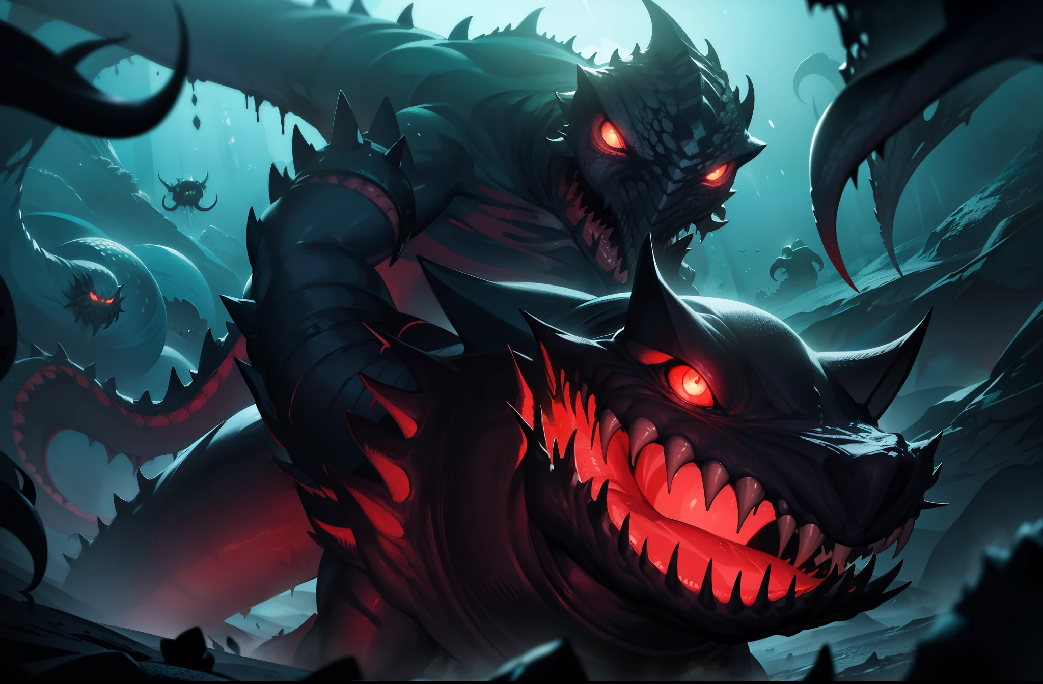Brutal, intimidating, slimy creature, slavering jaws, glowing eyes, slimy tentacles, dripping with venom, looming figure, menacing presence, towering above, surrounding victims, terrifying hunt, dark cavern, undersea lair, fear incarnate.