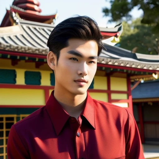 3D, 8k, anime arafed man in สวมแจ็คเก็ตสีดำ สวมแจ็คเก็ตหนังสีดำ red shirt standing in front of a pagoda, wearing a polo shirt, Asian man, light stubble with red shirt, Wear a red formal dress, Damian Tran, wearing red dress, Handsome Chad Chin, red shirt, Asian people, Christopher Chao, A well-maintained model, Inspired by David Diao, Profile picture, Southeast Asian people with round faces. Animated yes.