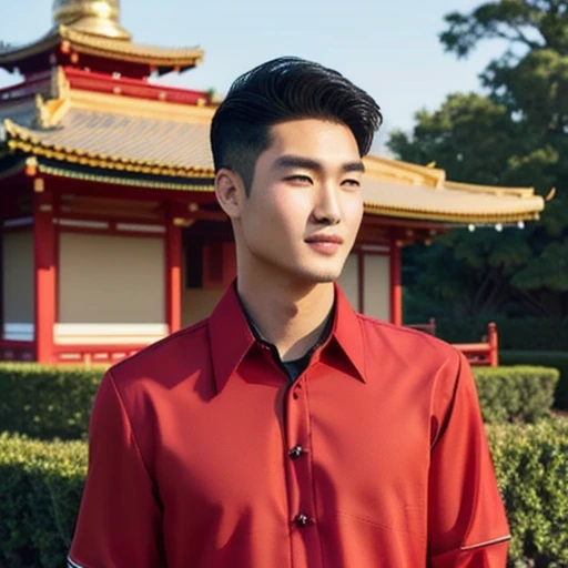 3D, 8k, anime arafed man in สวมแจ็คเก็ตสีดำ สวมแจ็คเก็ตหนังสีดำ red shirt standing in front of a pagoda, wearing a polo shirt, Asian man, light stubble with red shirt, Wear a red formal dress, Damian Tran, wearing red dress, Handsome Chad Chin, red shirt, Asian people, Christopher Chao, A well-maintained model, Inspired by David Diao, Profile picture, Southeast Asian people with round faces. Animated yes.
