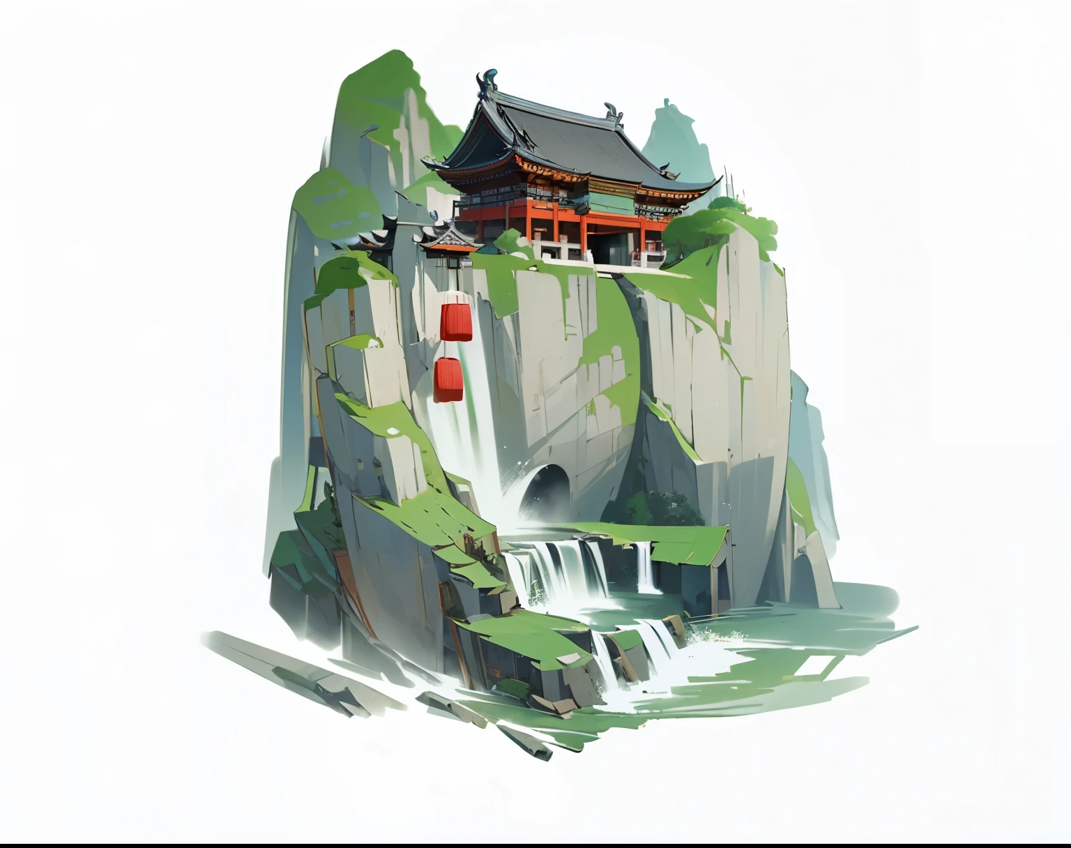 high quality, Meticulous portrayal,Clear structure,Chentangguan,Chinese Style Hall,Mountain,Mountain顶有个建筑,Chinese style architecture,
