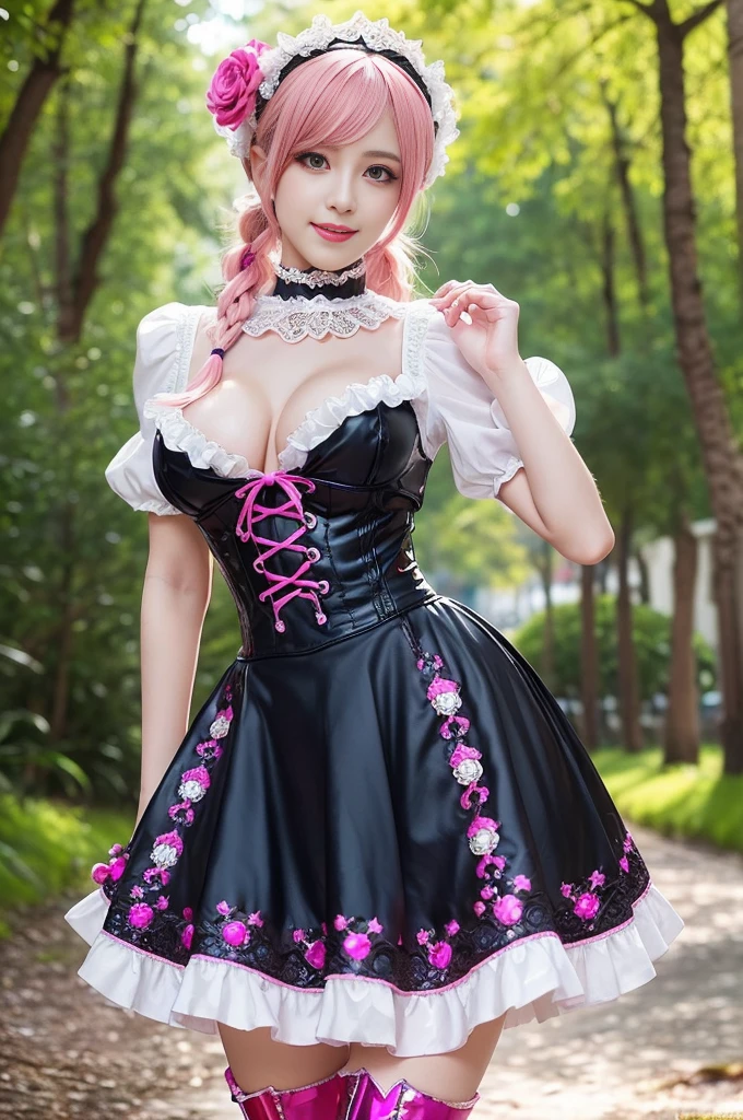 (nsfw), sexy stylish Swedish model, only 1 female, ((doll-like appearance)), long neon pink stylish hair, ((shiny Victorian-Style boots)), (big smile), ultra detailed eyes, vivid eye makeup, lipgloss, long lashes, defined eyebrows, (small naked breasts), ((sexy Paradise Kiss cosplay)), (naked aroused open pussy), bell-shaped skirt, petticoats, high neckline, puffed sleeves, ((ultra detailed lace)), ((ultra detailed embroidery)), intricate details, Paradise Kiss accessoires and matching headpiece, choker, ((large sparkling Paradise Kiss jewelry)), cinematic light, detailed large park background with trees